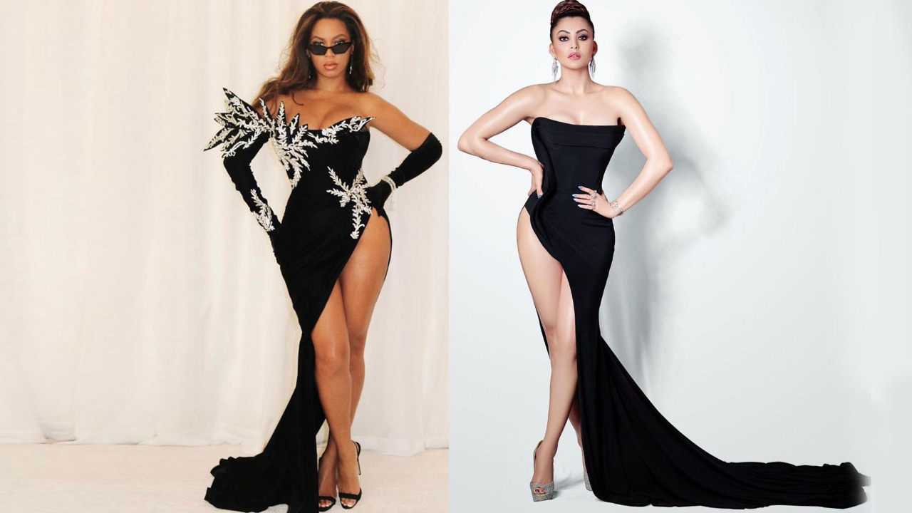 Actress Urvashi Rautela pays tribute to  megastar Beyoncé by recreating the singer’s  famous risqué black gown with very daring thigh-high split at an awards function recently.
