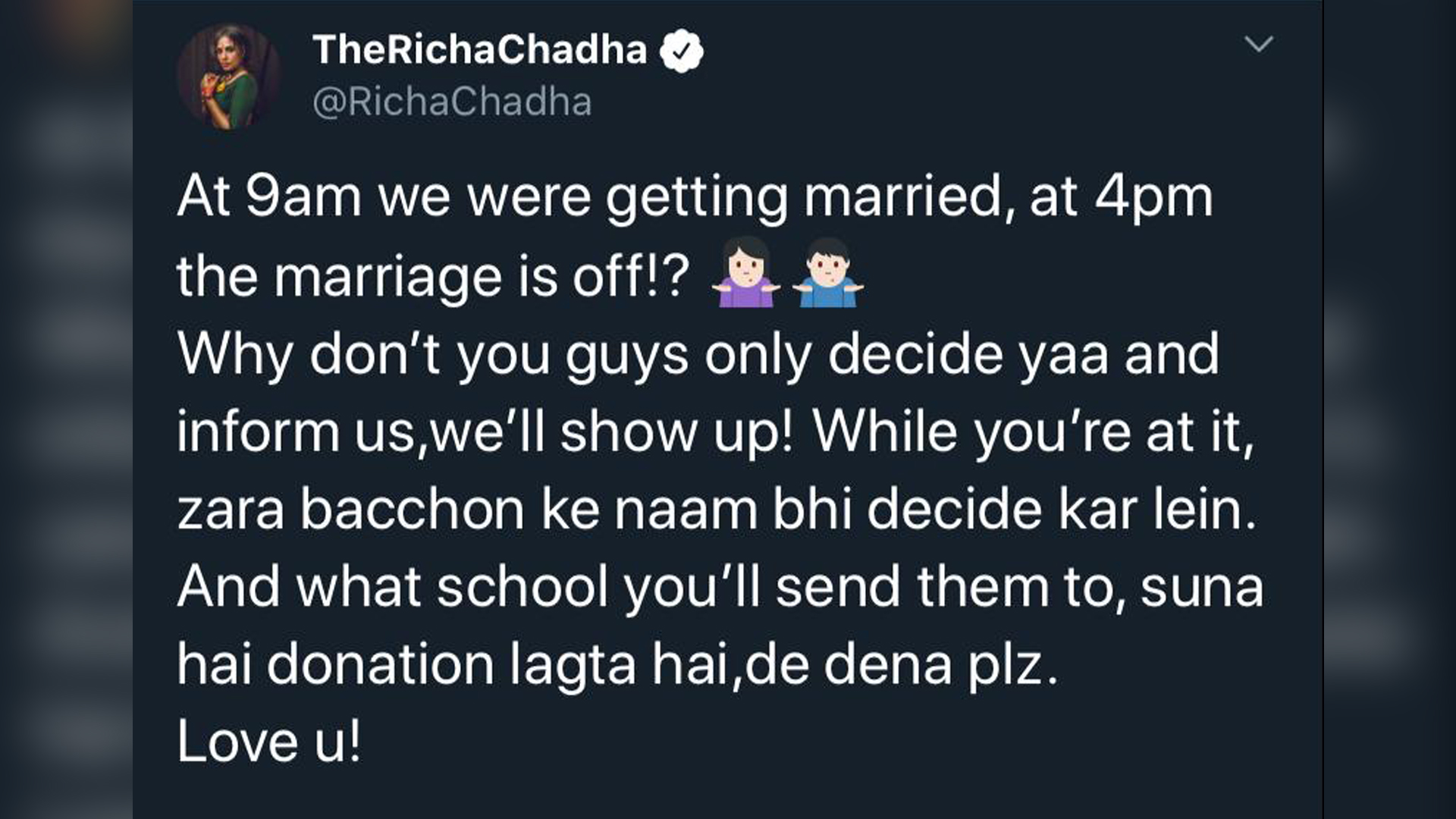 Richa Chadha’s tongue in cheek response about her wedding to beau Ali Fazal is all kinds of awesome!