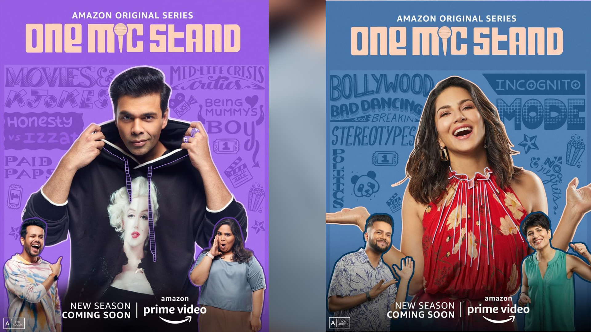 Double the fun and bigger celebrities, One Mic Stand returns with Season 2 as Amazon Prime video drops the poster of the show featuring Karan Johar, Sunny Leone, Raftaar, Chetan Bhagat and Faye D’Souza