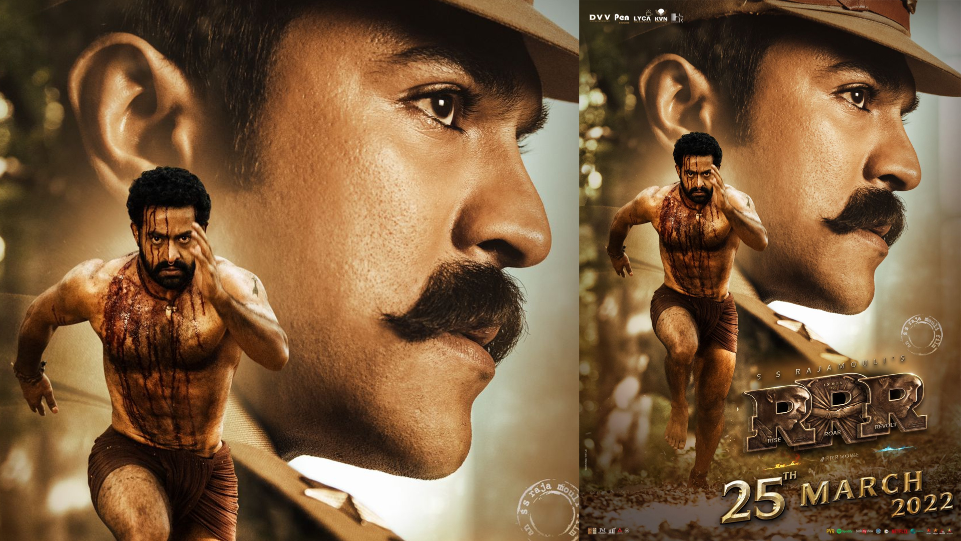 S.S Rajamouli’s newest RRR poster features a bloody Jr. NTR & intense Ram Charan !