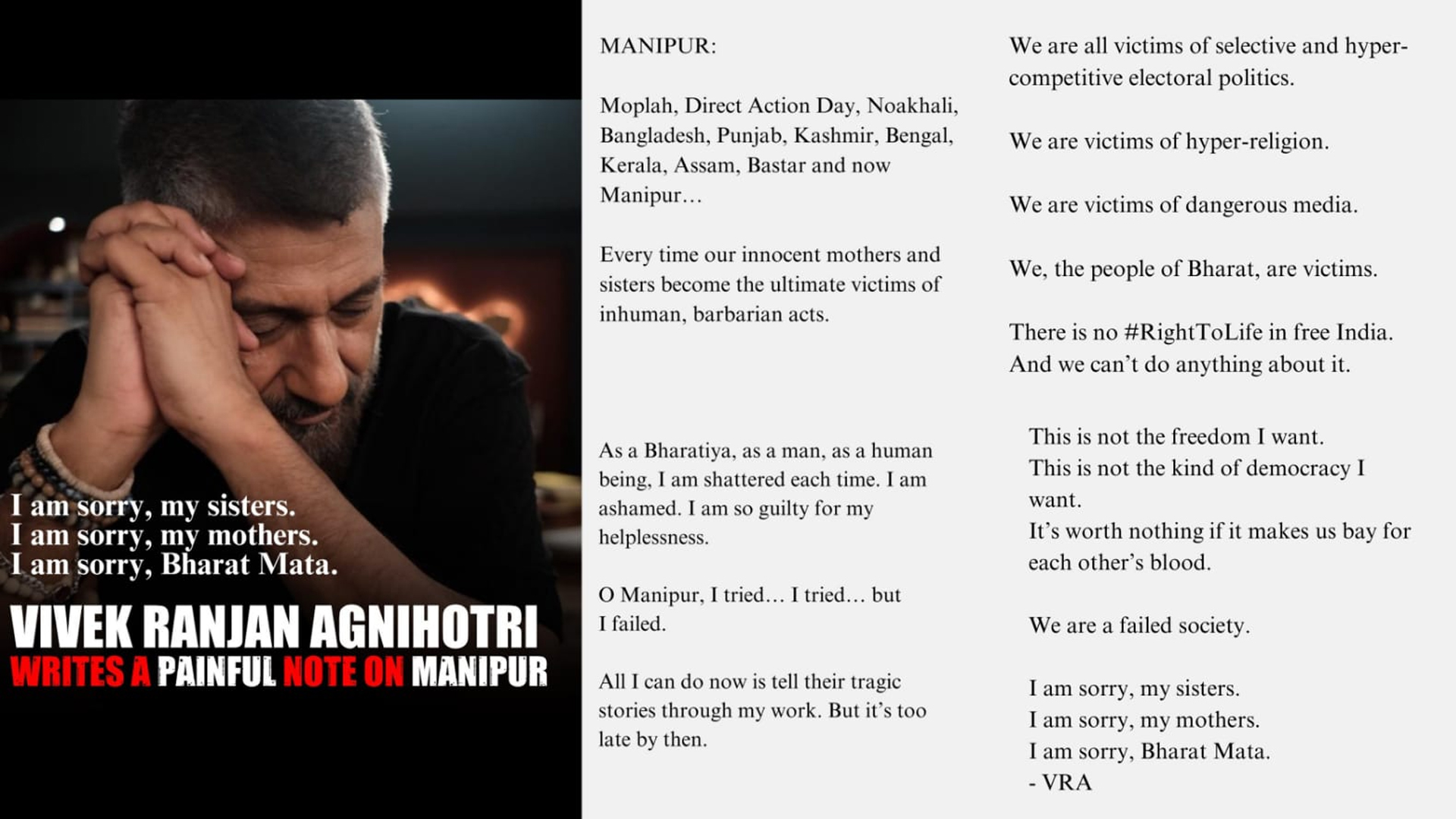 Filmmaker Vivek Agnihotri Voices Support for Manipur Victims in a Heartfelt Note