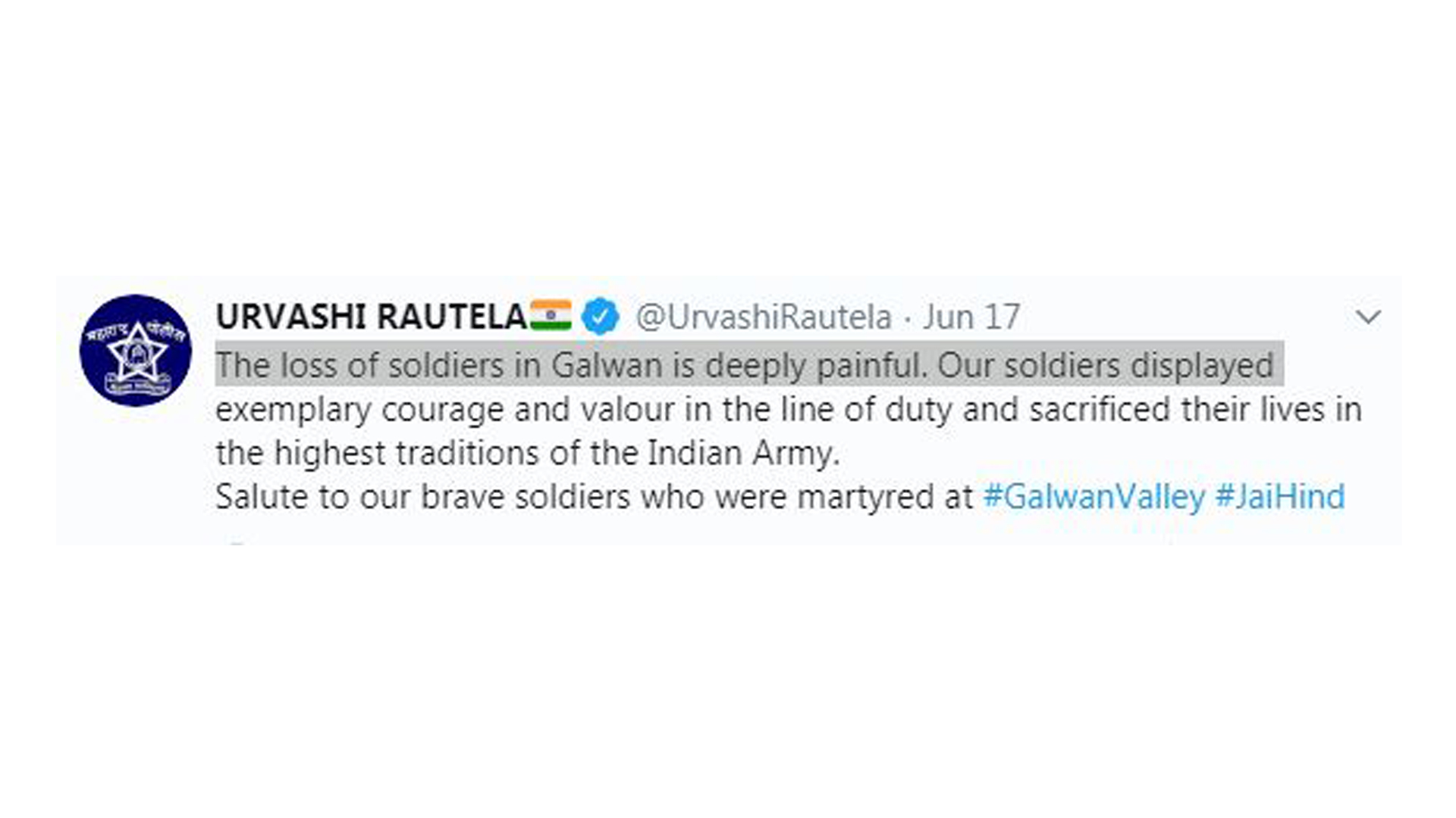 Urvashi Rautela pays tribute to soldiers martyred in Galwan valley