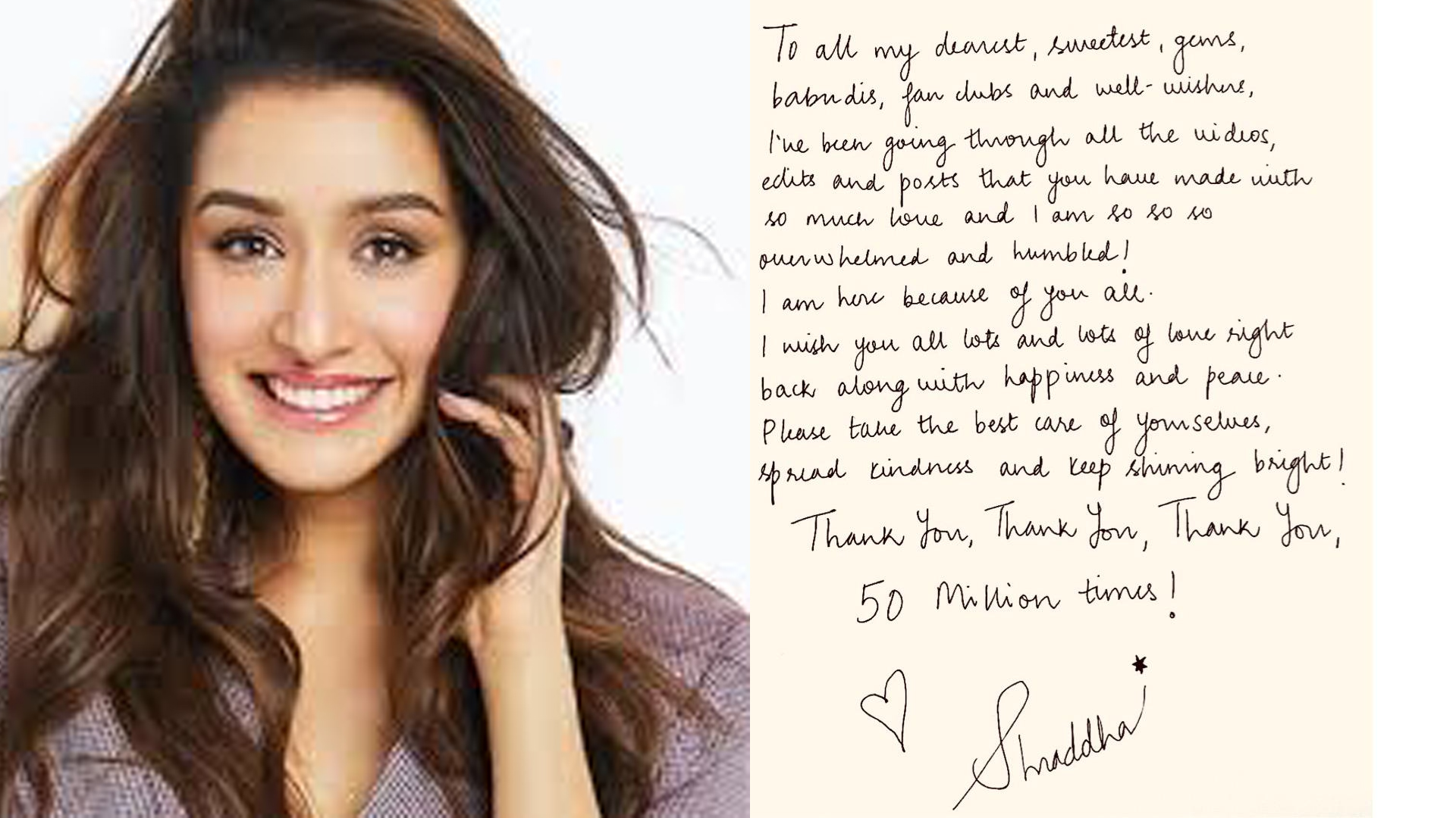 Shraddha Kapoor pens handwritten note thanking her fans for their support in not just one but three languages!