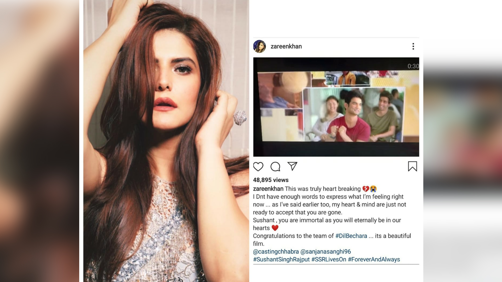 Zareen Khan shares a heartfelt message after watching Dil Bechara, starring the Late Sushant Singh Rajput