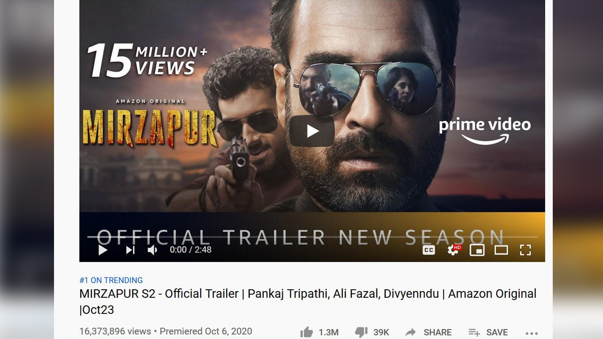 Mirzapur 2 trailer continues to trend at #1 on YouTube and crosses 16+Million views in 48 hours