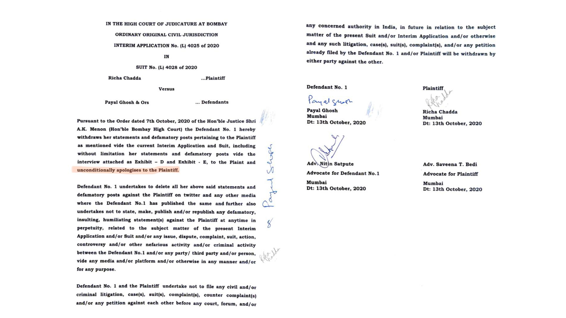 Payal Ghosh unconditionally apologises to Richa Chadha for her defamatory remarks (document attached and highlighted)