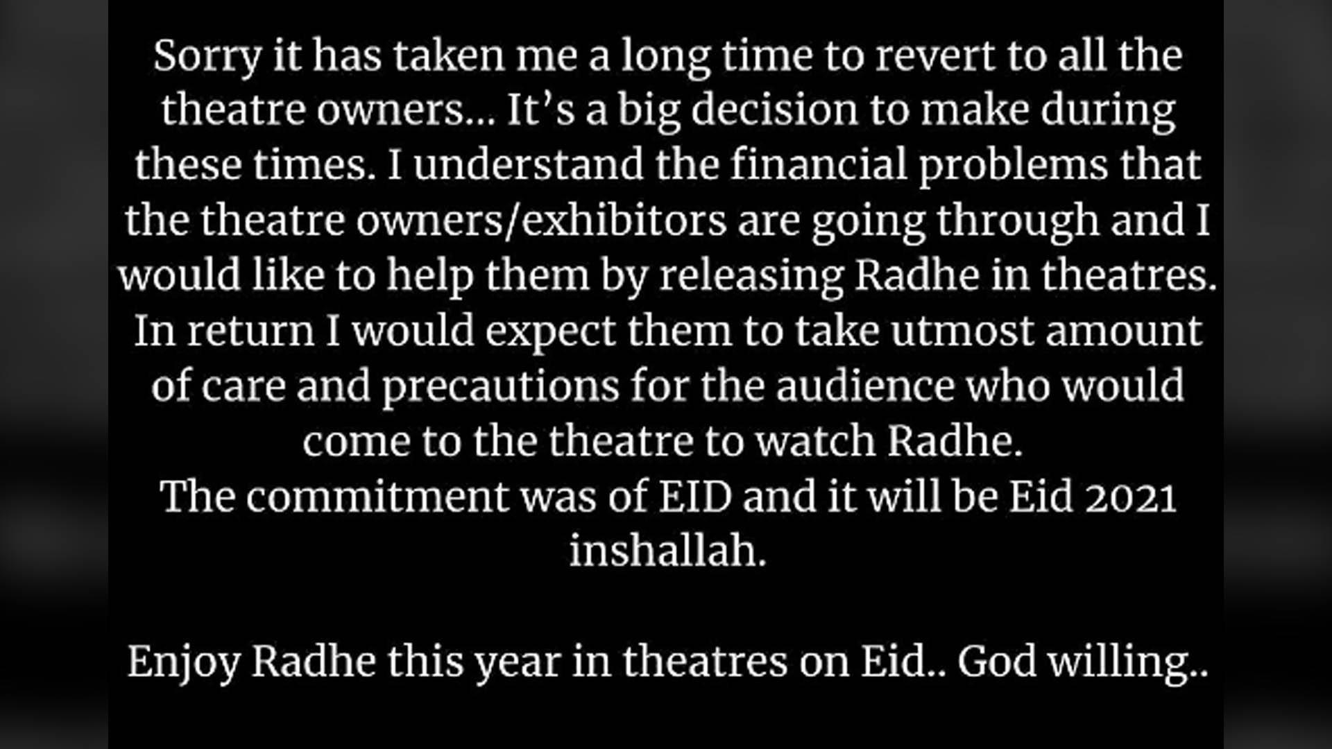 Big news! On theatre owners’ request, Salman Khan confirms a theatrical release for ‘Radhe’ on this Eid