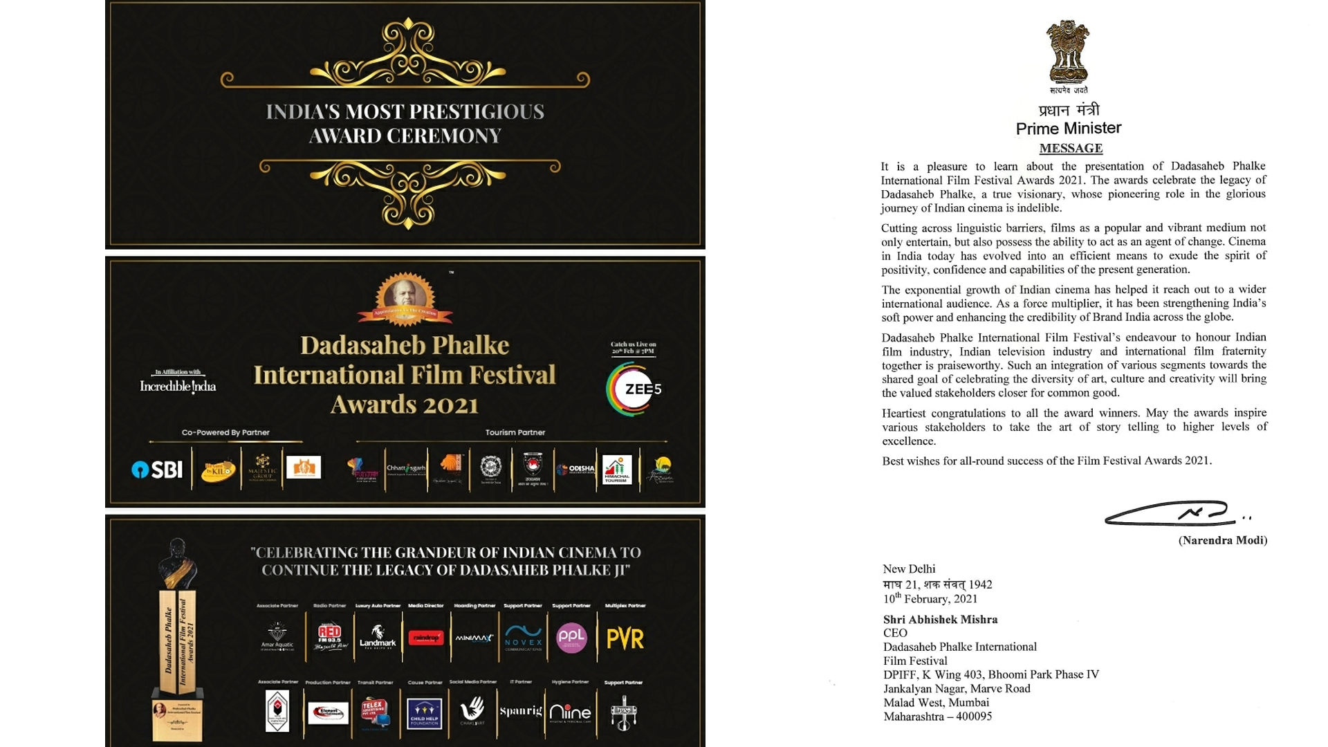 Prime Minister Narendra Modi sends out good wishes to the Dadasaheb Phalke International Film Festival Awards team for celebrating the grandeur of Indian Cinema and continuing the legacy