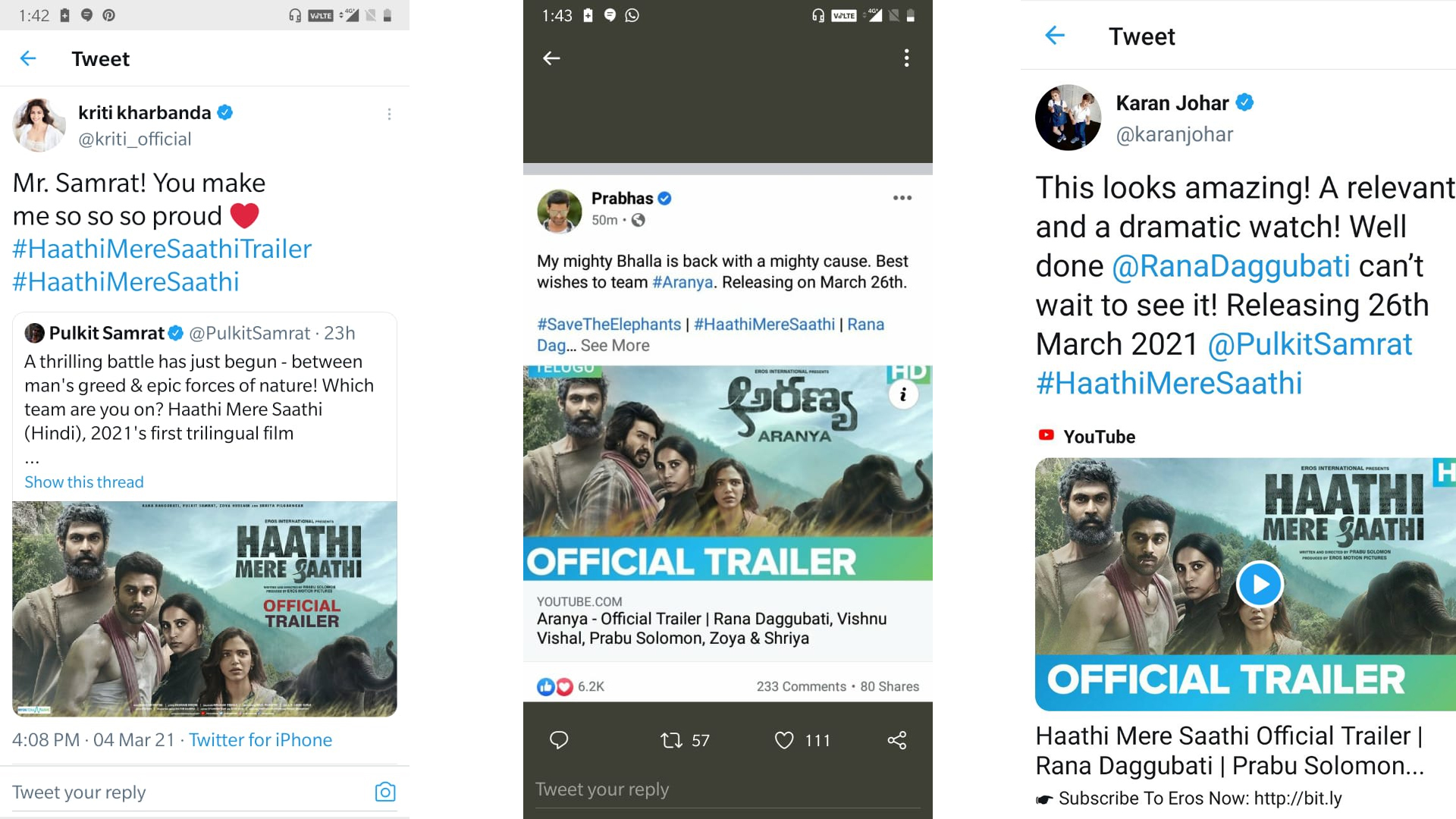 Karan Johar, Prabhas and Kriti Kharbanda go gaga over the trailer of Rana Daggubati’s Haathi Mere Saathi