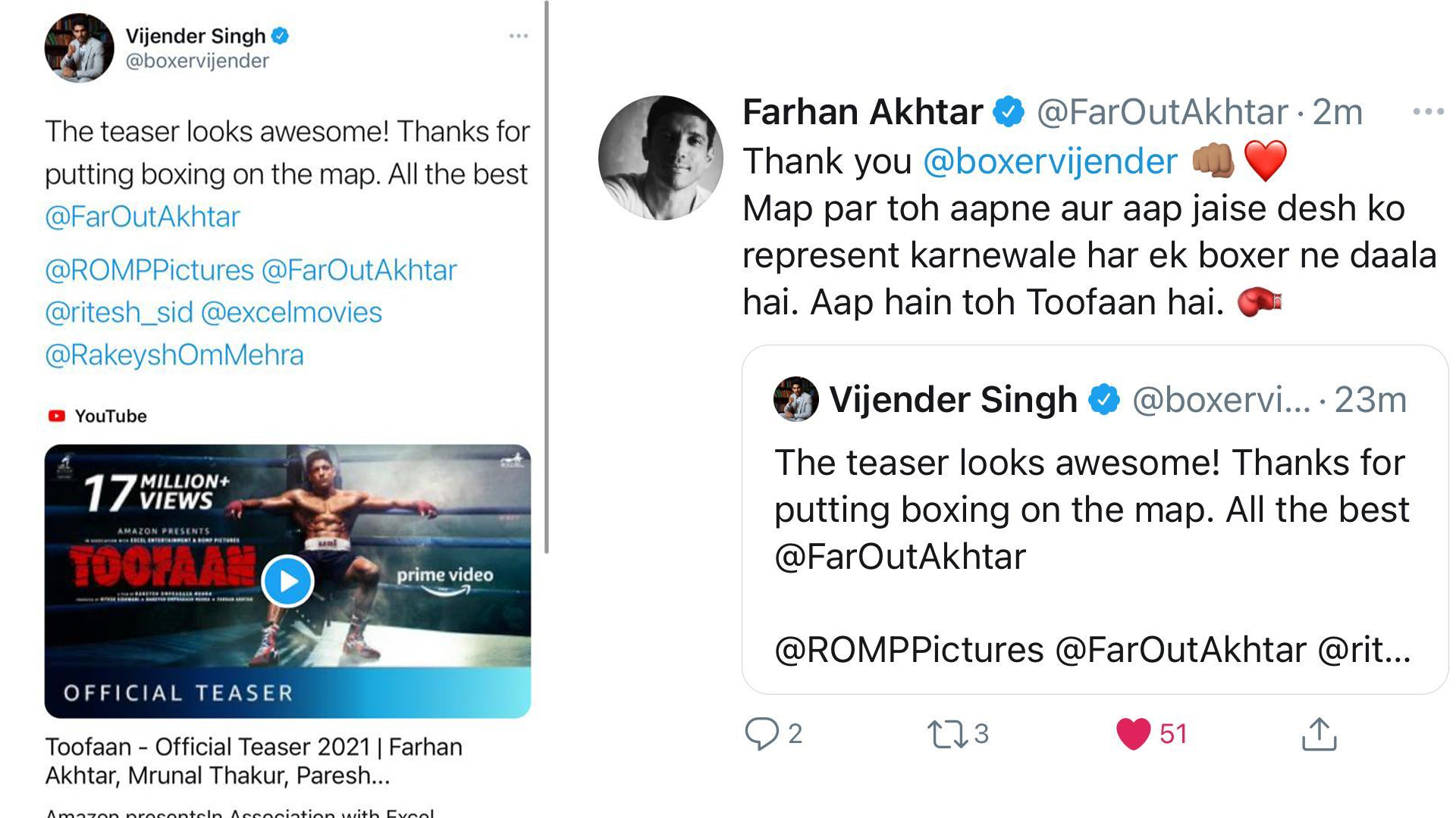 Global Boxing Champion Vijender Singh is all praises for the teaser of Farhan Akhtar’s Toofaan, “Thanks for putting boxing on the map”, See what Farhan replies