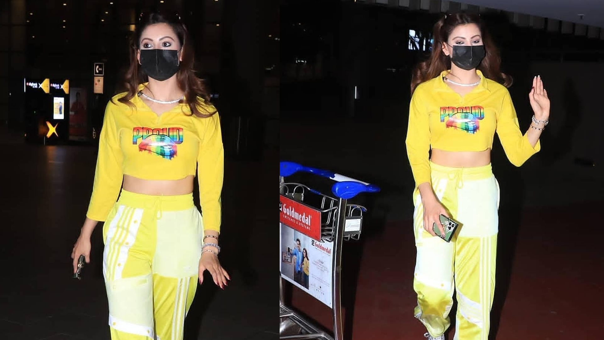 Urvashi Rautela setting the bar high for airport looks in a bright and radiant yellow outfit, yet making another style statement