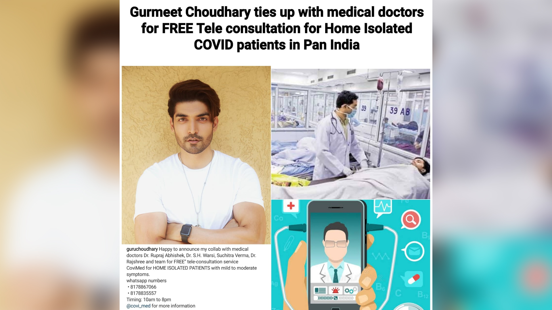 Gurmeet Choudhary ties up with young Covid Warriors (Doctors) and launches a FREE Tele-Consultation service for COVID-19 Patients