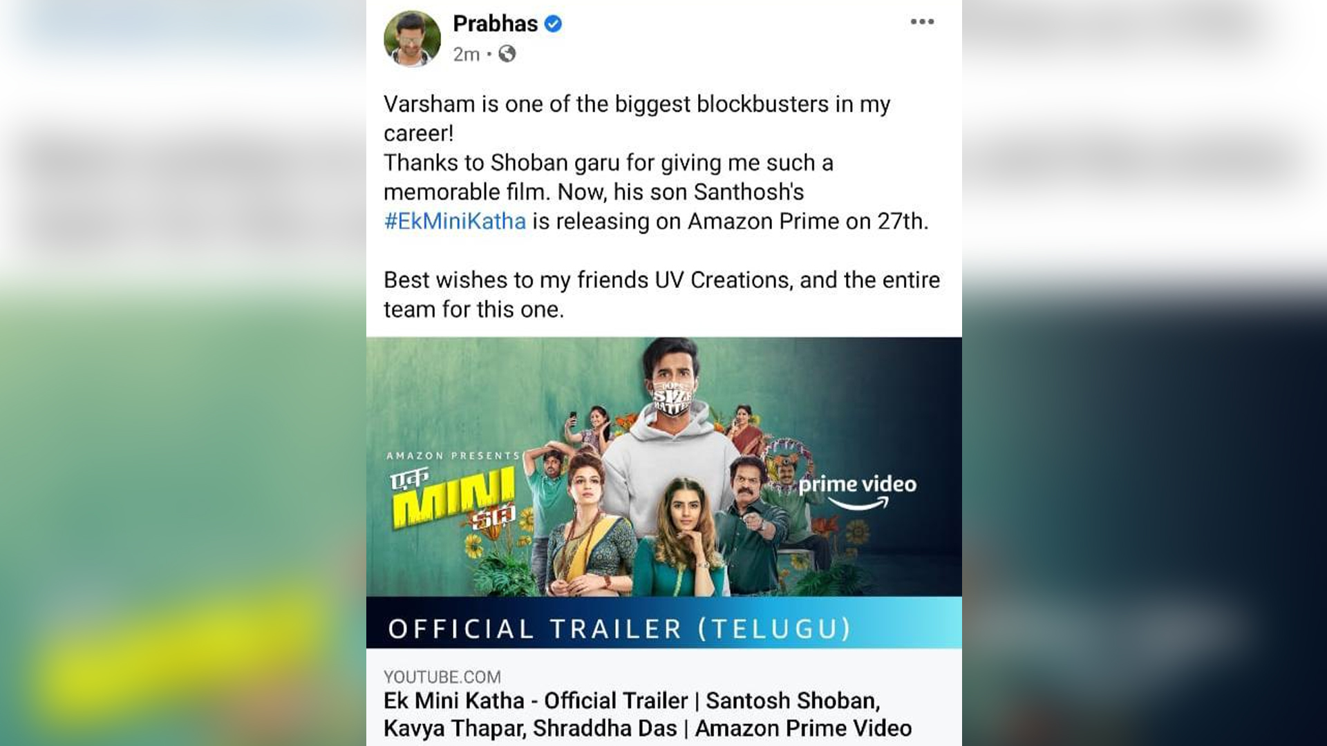 Prabhas is excited for Amazon Prime Video’s Ek Mini Katha and extends his wishes to the team!