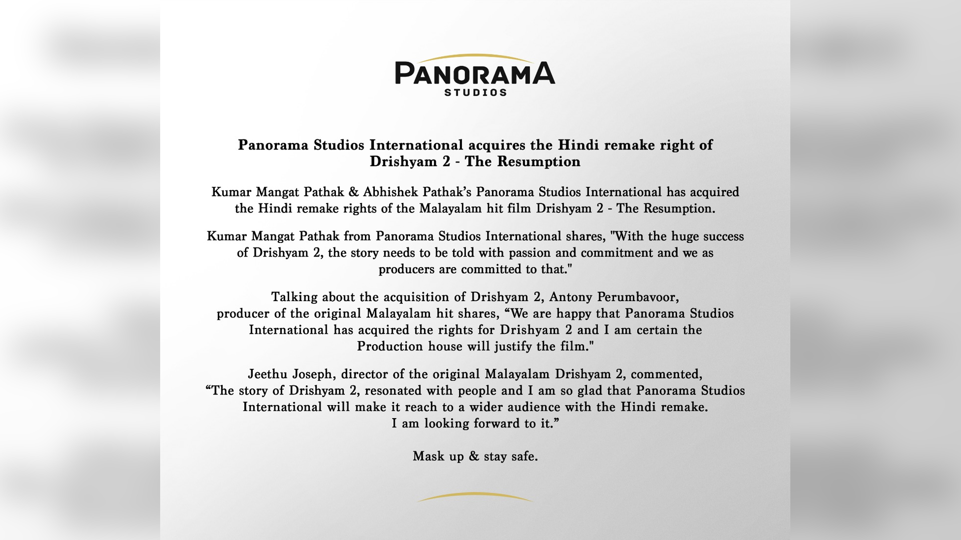 Panorama Studios International acquires the Hindi remake right of Drishyam 2 – The Resumption