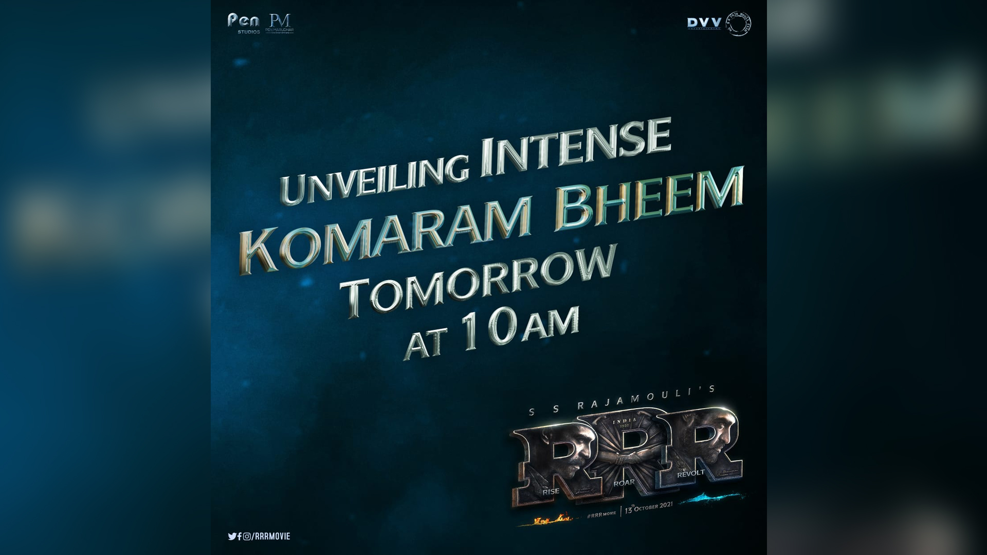 Team RRR will be unveiling the intense Komaram Bheem tomorrow on the occasion of Jr. NTR’s birthday!