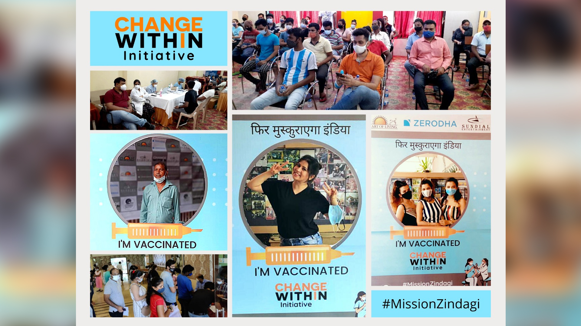 Change Within initiative ( Rajkumar Hirani, Karan Johar, Mahaveer Jain ), Art of living & Zerodha come together for a free vaccination drive for members of Media & Entertainment industry.