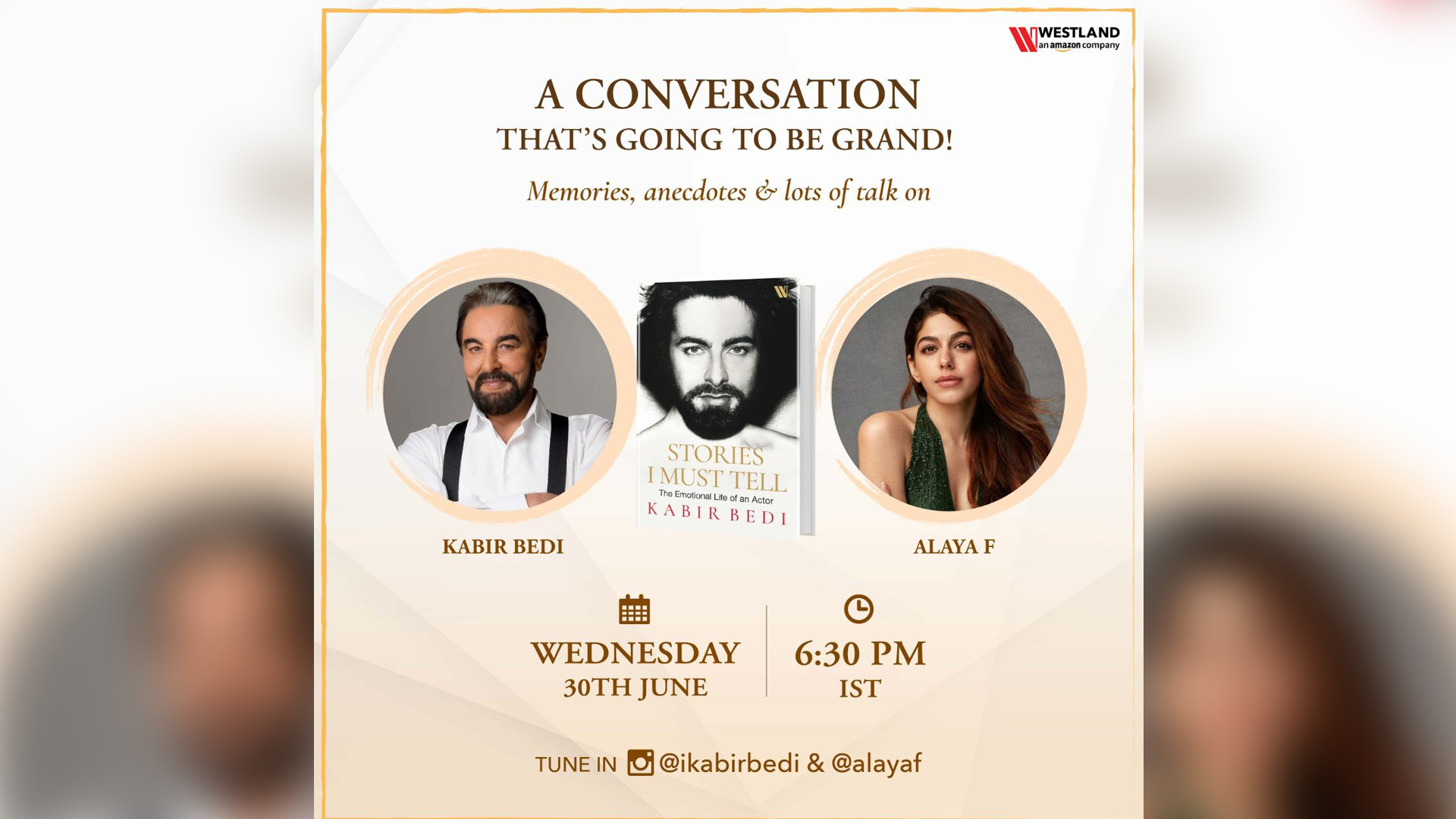 Alaya F to Celebrate The Success of Kabir Bedi’s Book, Stories I Must Tell, Over an Insta-Live with the best-selling author