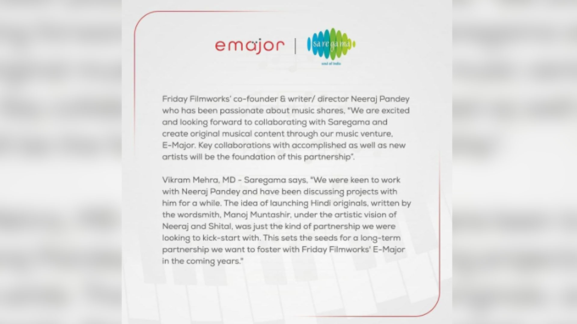 Music to the ears- Saregama and Bollywood director, Neeraj Pandey’s E-Major seal a major music partnership