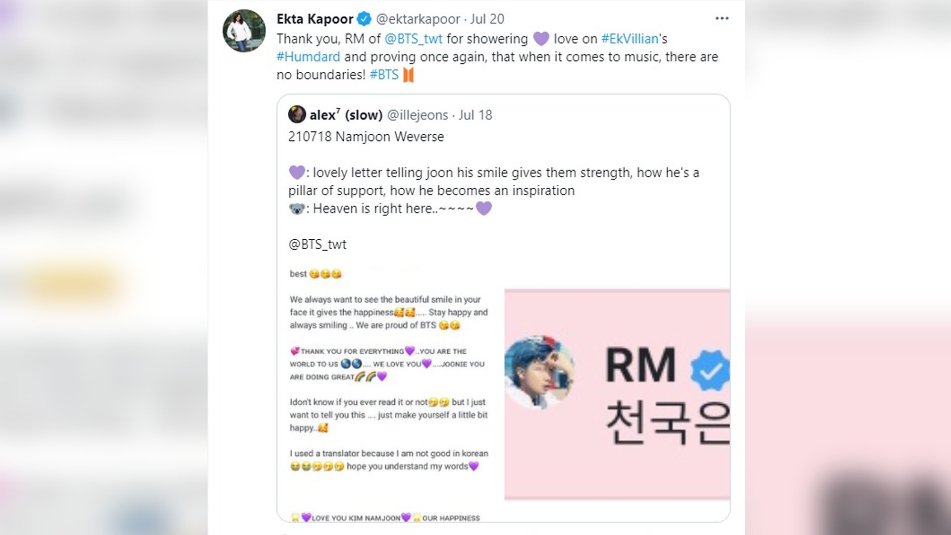 An Indian BTS ARMY dedicates Ek Villain’s ‘Humdard’ to Bangtan leader RM; South Korean rapper responds!