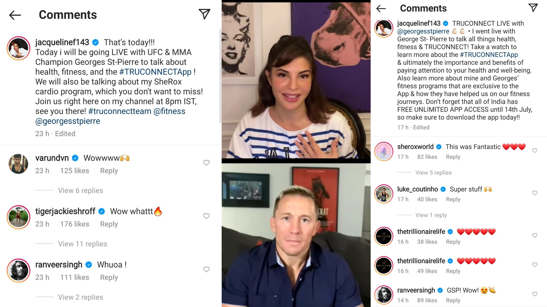 Ranveer Singh, Varun Dhawan, Tiger Shroff react to Jacqueline Fernandez’s live session with Canadian MMA artist, Georges St-Pierre