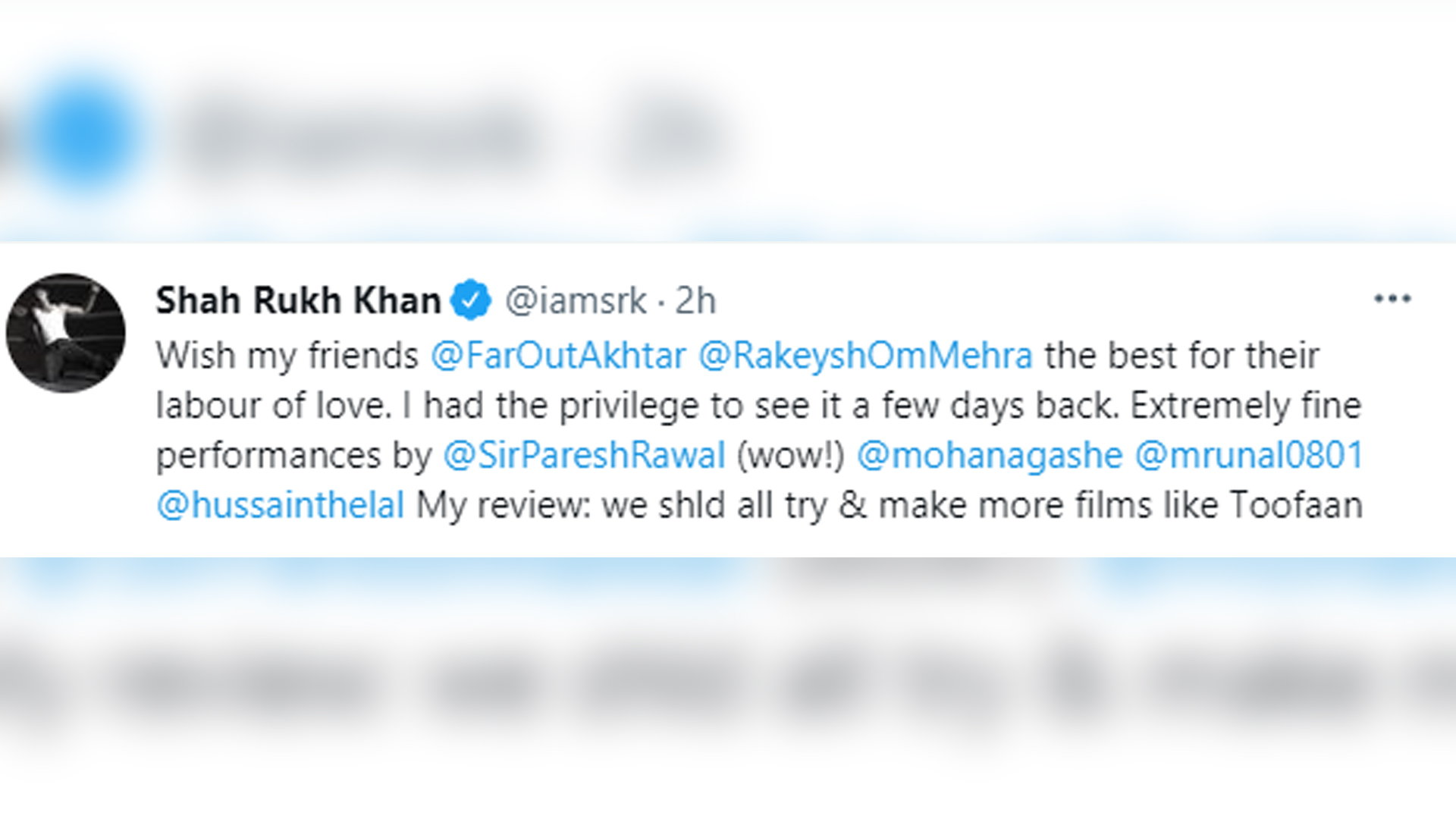 KING KHAN SHARES HIS REVIEW FOR TOOFAAN; SAYS ‘WE SHOULD MAKE MORE FILMS LIKE THIS’