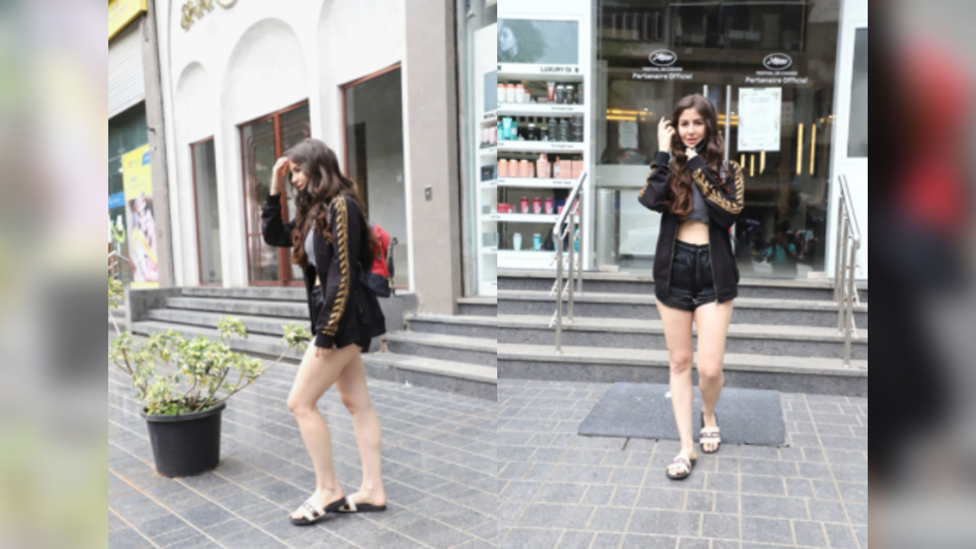 Gucci Flipflops and Micheal Kors backpack along with hot shorts make a perfect pair for a salon visit for Actress Giorgia Andriani