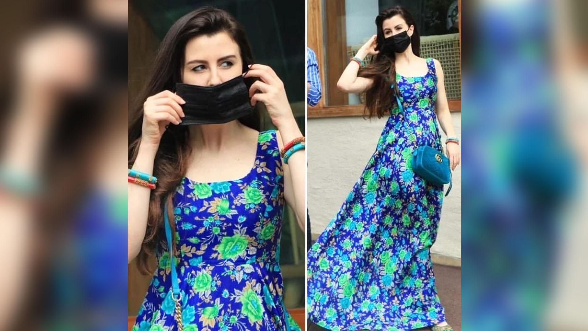 Giorgia Andriani giving us ‘Desi Girl’ vibe in this this blue floral maxi dress along with Rs 10,000 Gucci sling bag as she was spotted around in the city