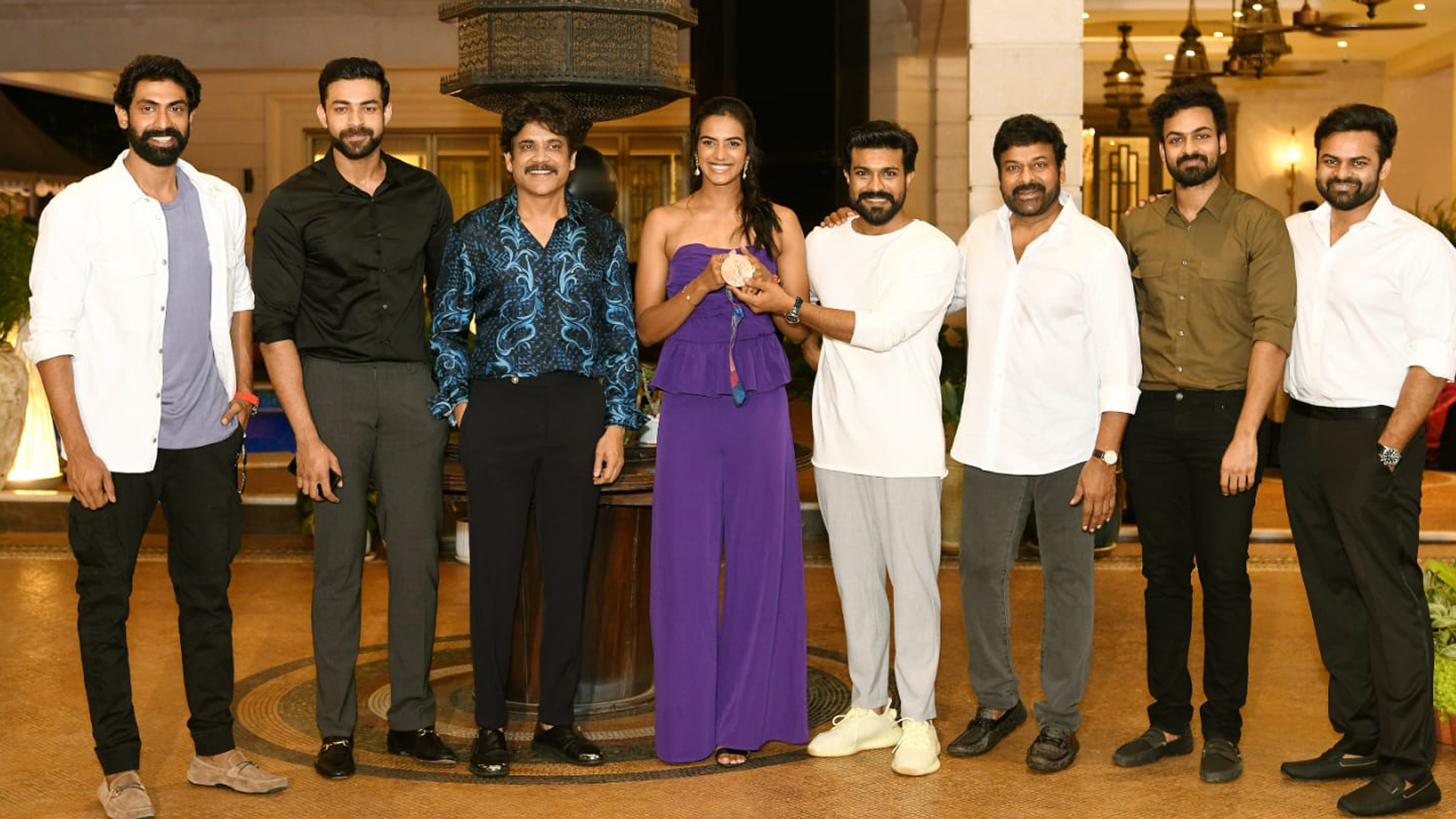 Mega Star Chiranjeevi and Mega Power Star Ram Charan hosted a star studded felicitation event for two time Olympic medalist PV Sindhu at their residence