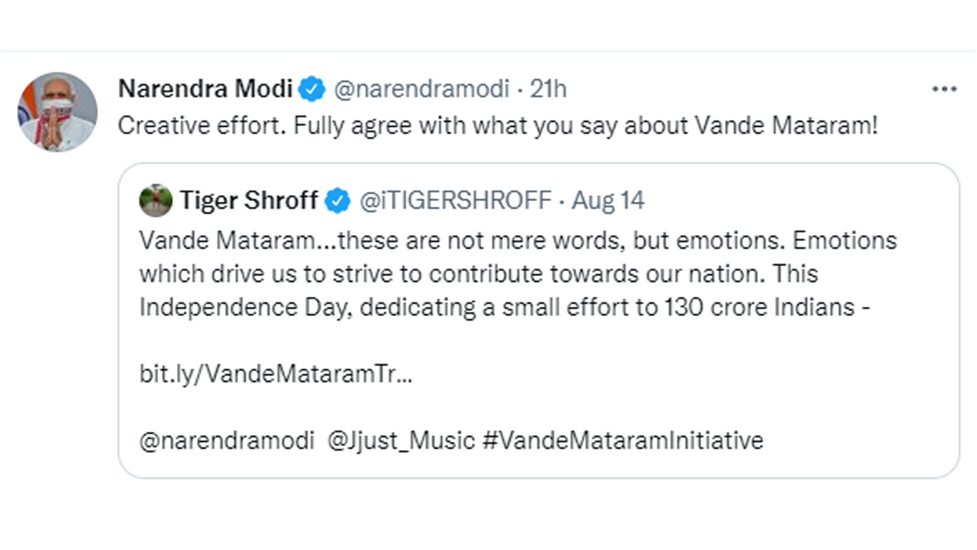 Prime Minister Narendra Modi Ji praises the creative efforts of Jackky Bhagnani’s Jjust Music and Tiger Shroff’s Vande Mataram, sung by Bollywood superstar Tiger Shroff