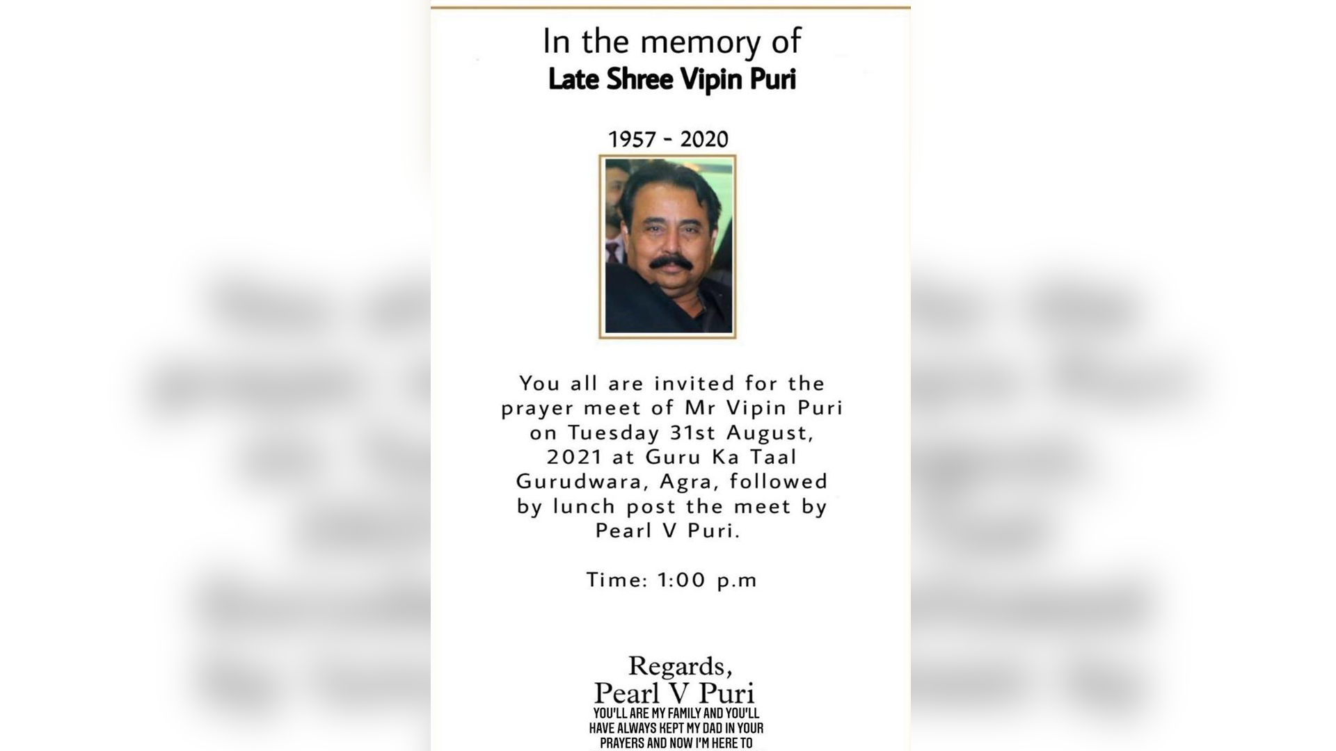 Pearl V Puri invites everyone in the fond memory of his late father’s 10th month anniversary.