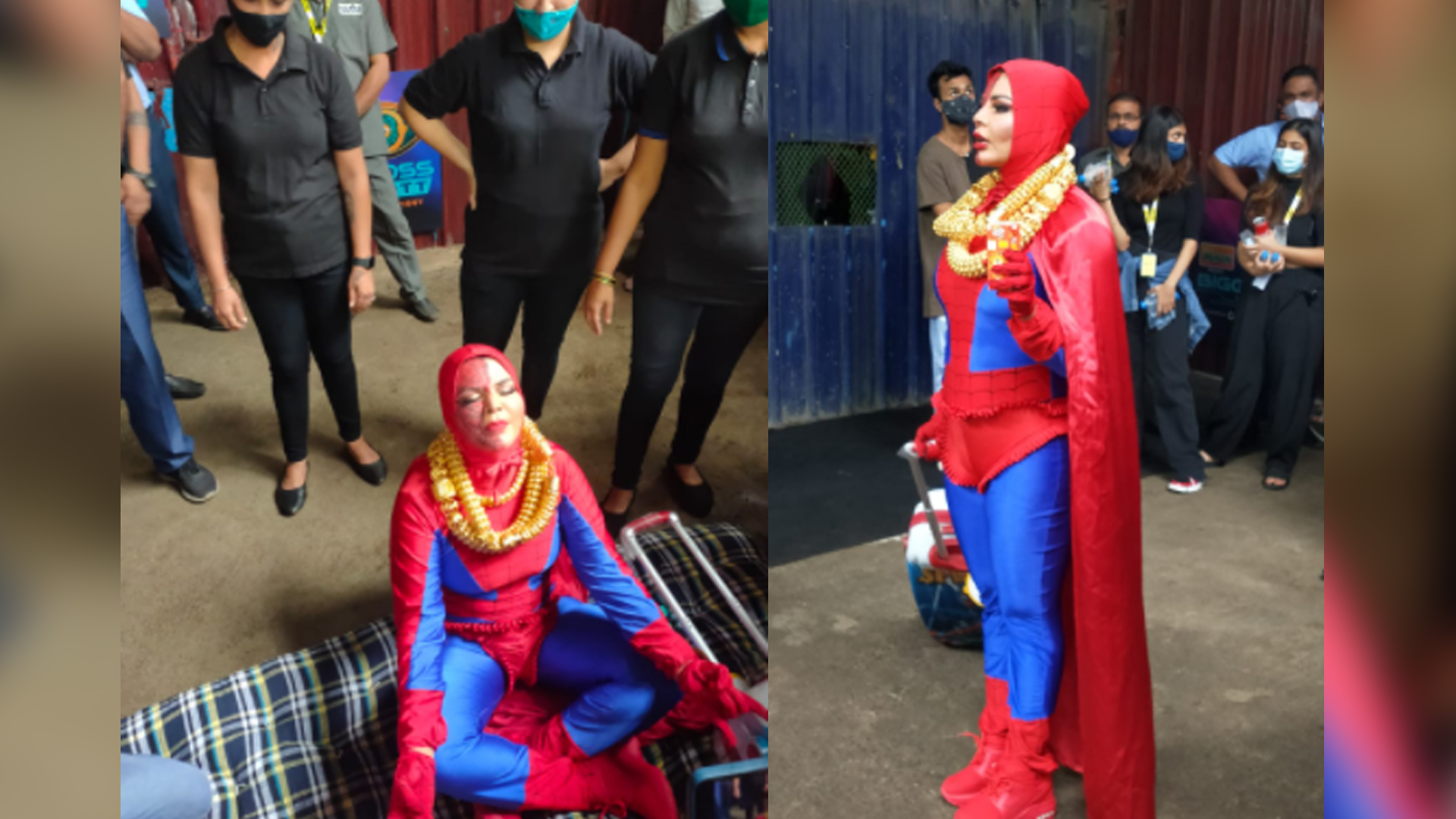 After expressing her displeasure over SidNaaz’s appearance in Bigg Boss OTT, Rakhi Sawant protest outside the BB house in a Spiderman costume