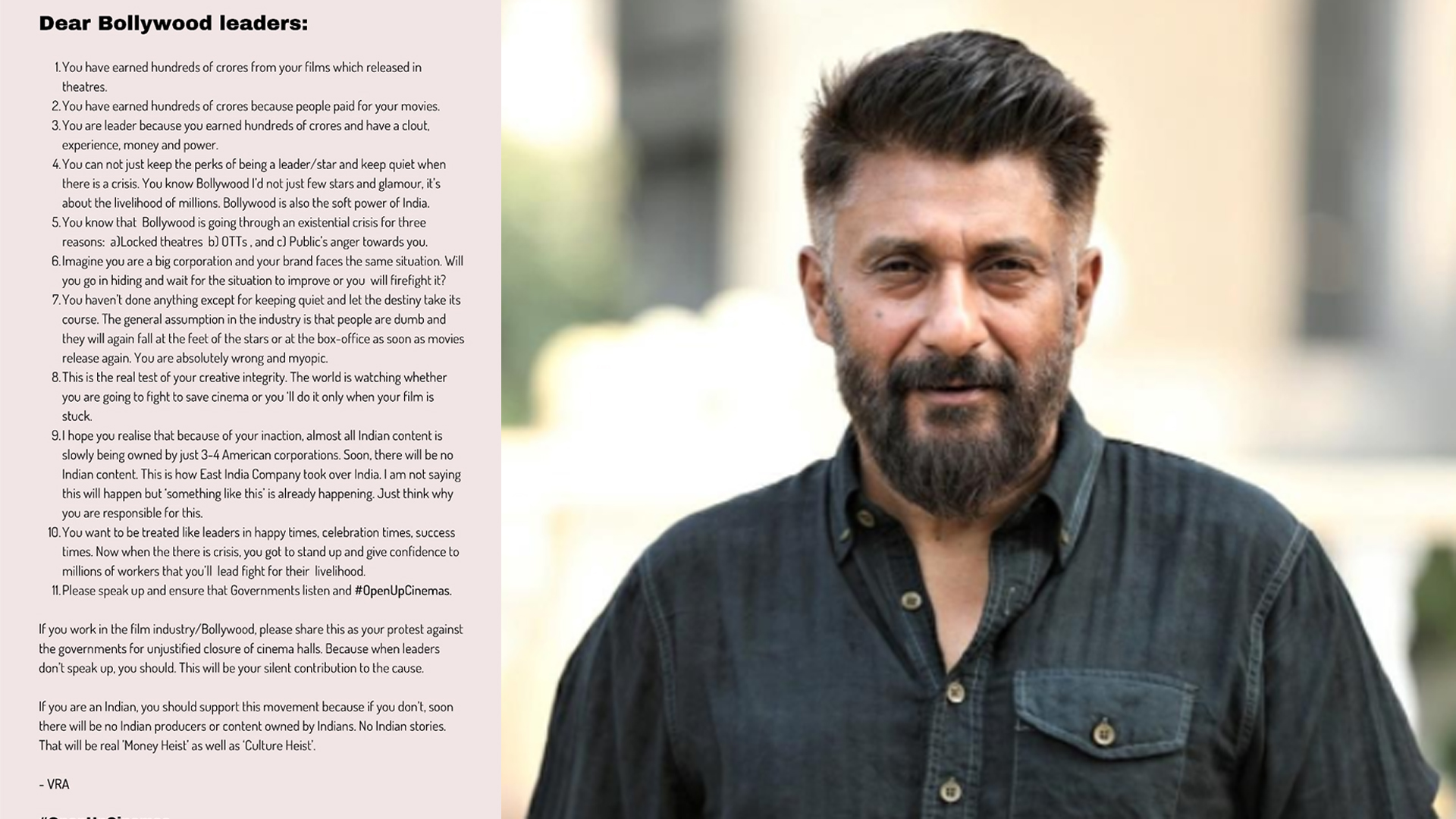 An open letter by Filmmaker Vivek Agnihotri to Bollywood Leaders #OpenUpCinemas