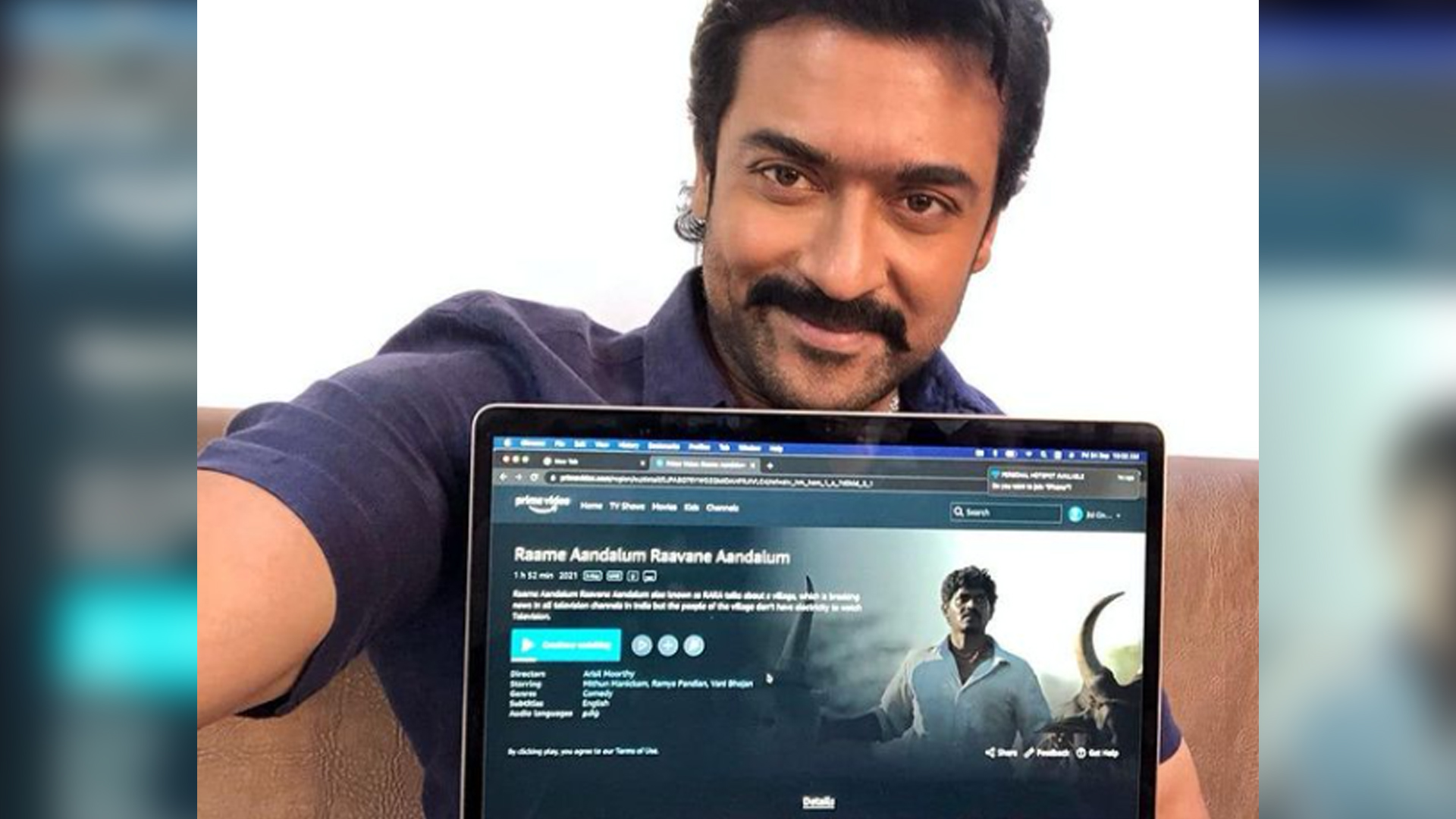 An overwhelmed Suriya watches his recently released movie, Raame Aandalum Ravane Aandalum, launched exclusively on Amazon Prime Video