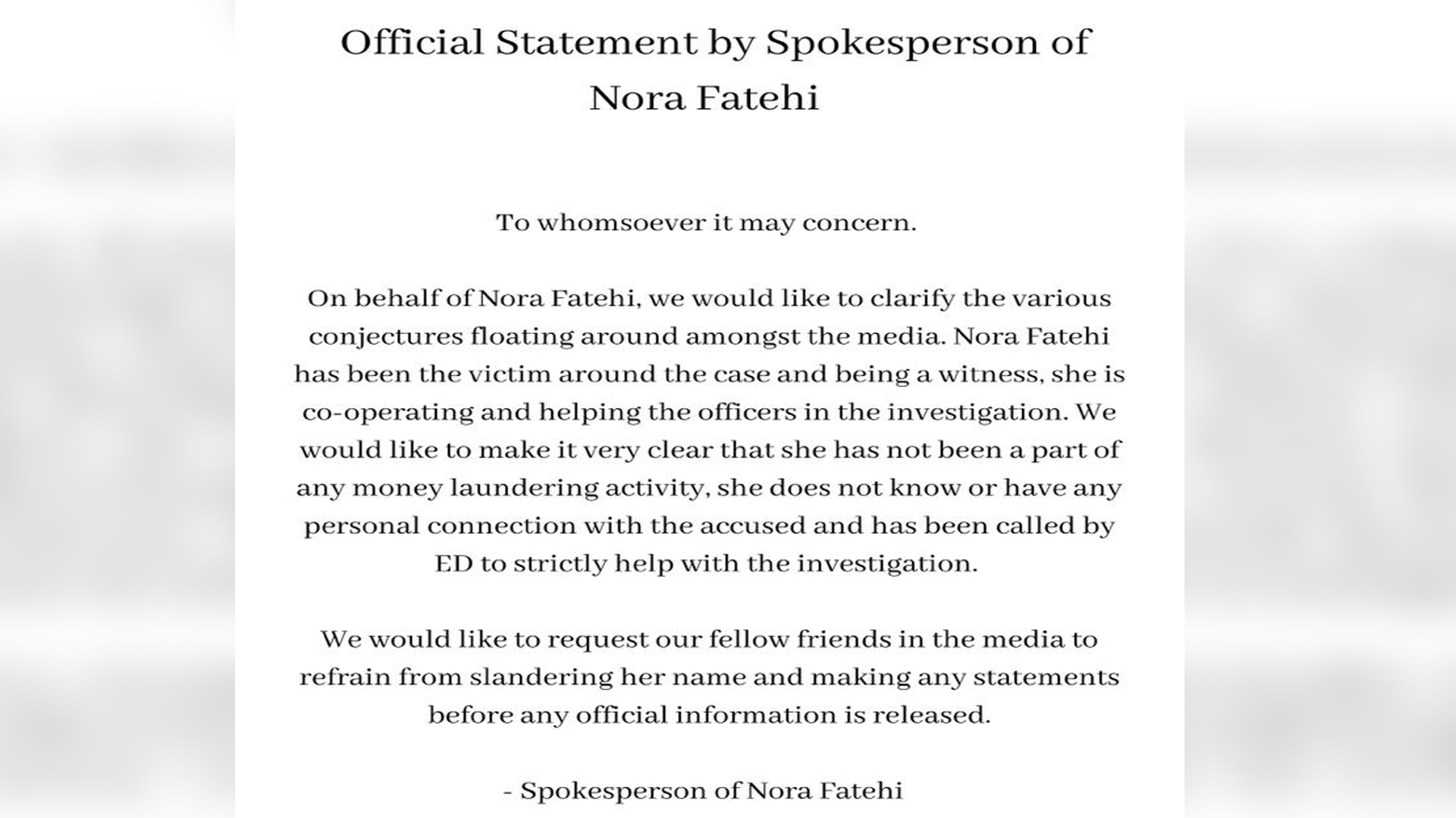 Official Statement by Spokesperson of Nora Fatehi