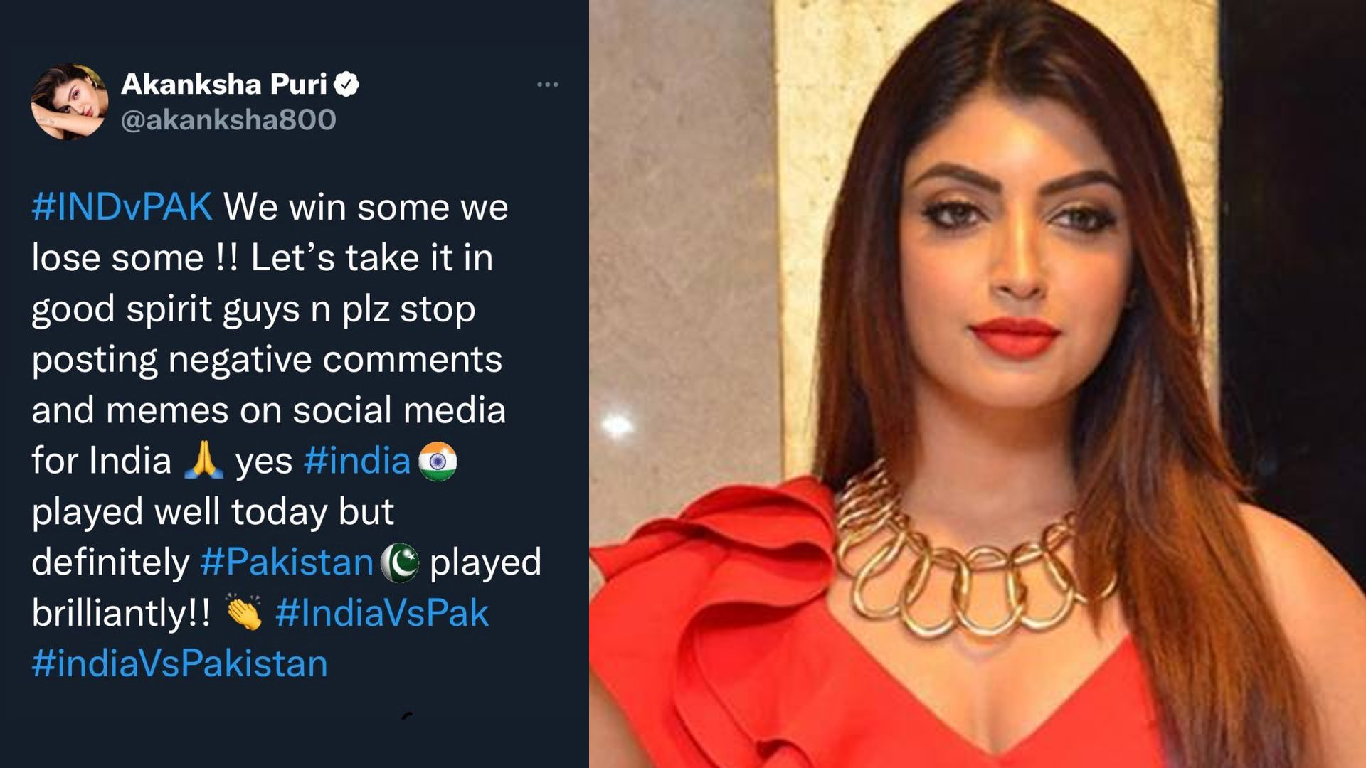 Akanksha Puri requests netizens to not post hateful comments on India losing the match, says, “let’s take it in a good spirit and let’s stop posting negative comments for India.”