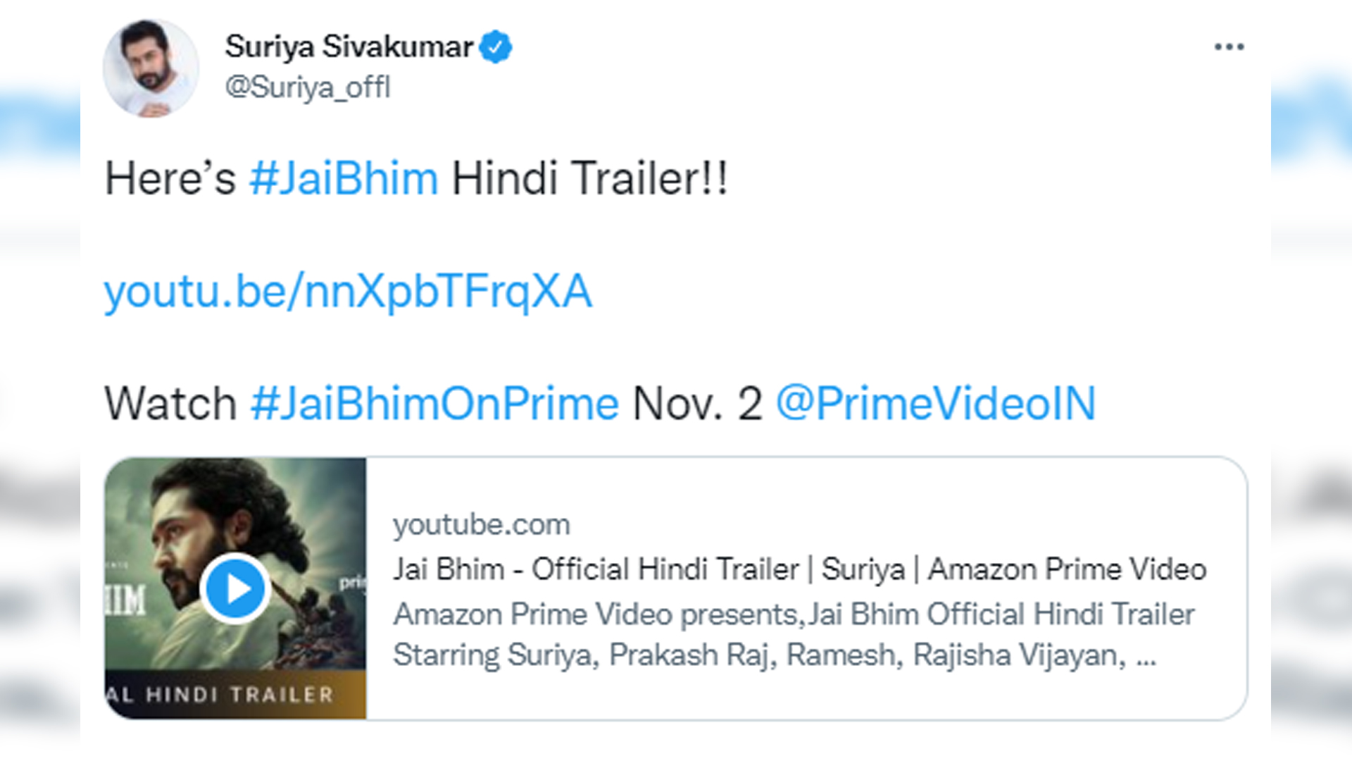 Prime Video drops the ‘Hindi’ trailer of Suriya-Starrer JAI BHIM