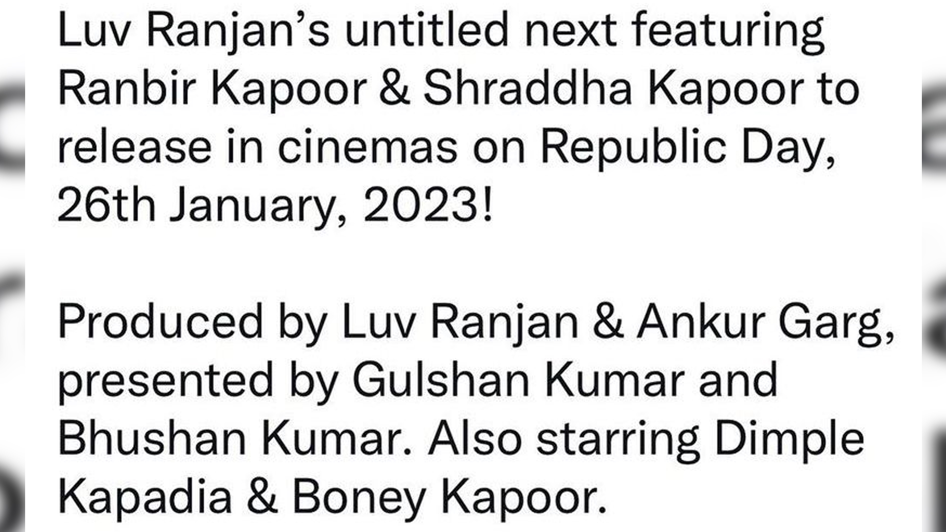 Luv Ranjan’s untitled next featuring Ranbir Kapoor & Shraddha Kapoor to release in cinemas on 26th January, 2023!