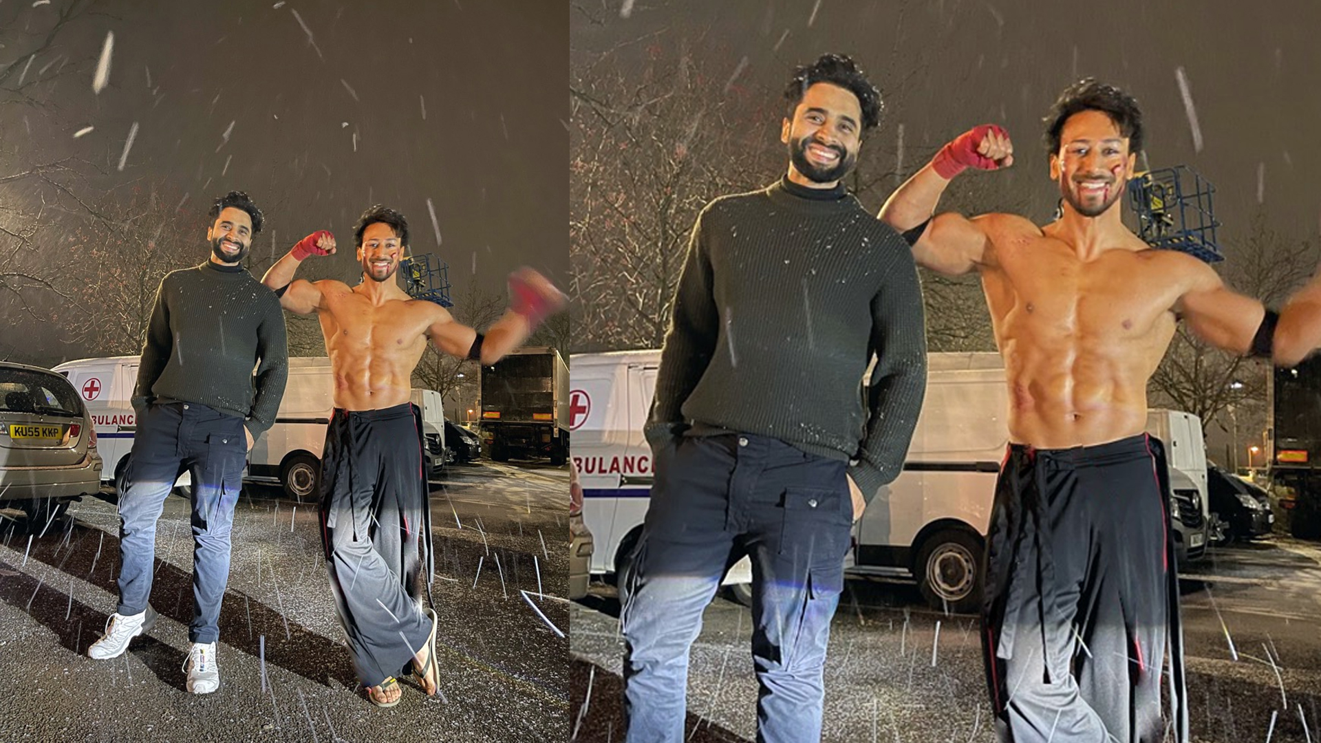 Tiger Shroff’s washboard abs and a cut are on display as he poses for a picture after having shot for action sequences for his film Ganapath