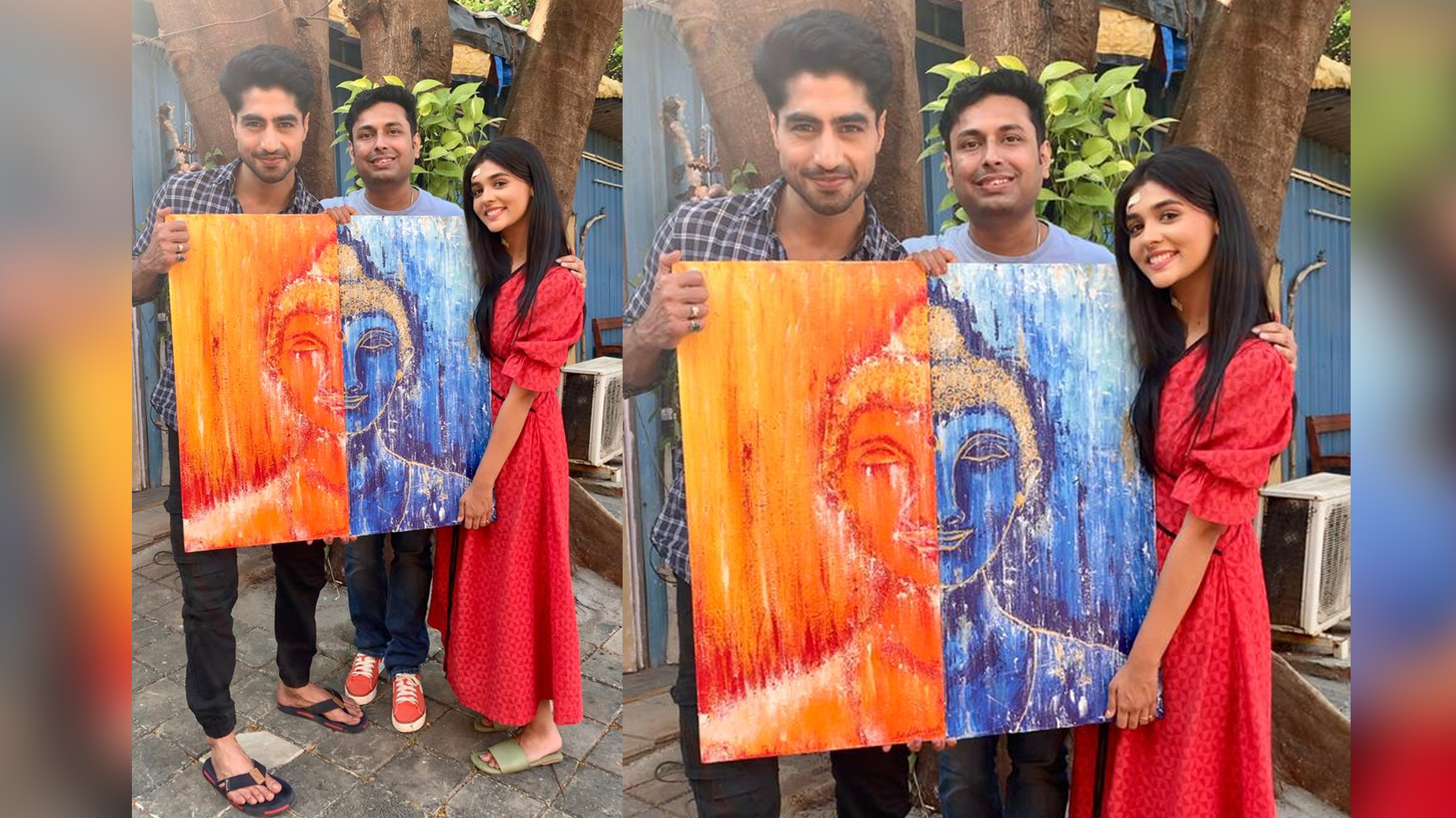 Harshad Chopda and Pranali Rathod receive a Buddha painting from Yazad Daruwala