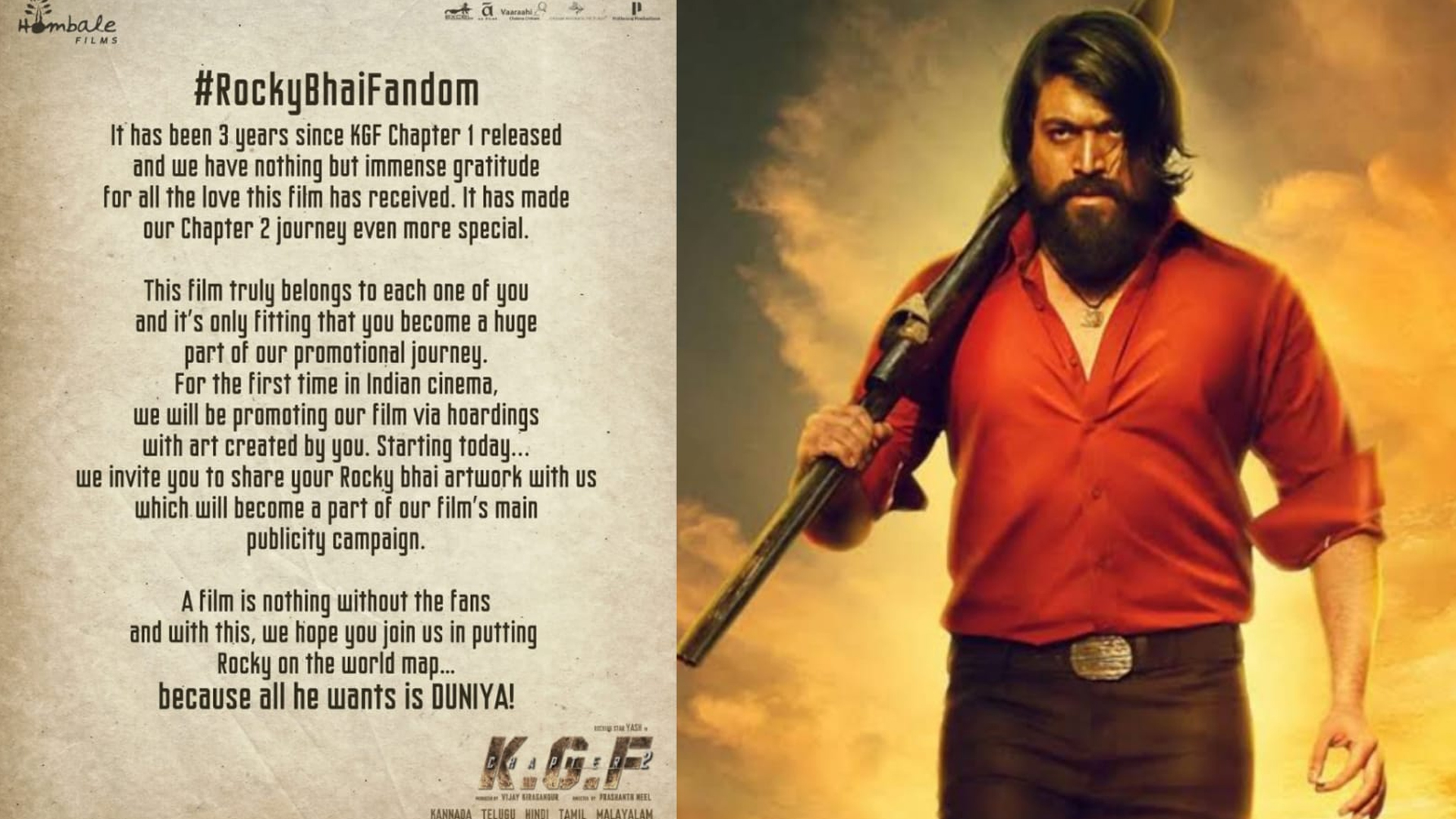 Superstar Yash and makers of K.G.F. franchise express gratitude to the boundless love of fans, invite them to become a part of history!