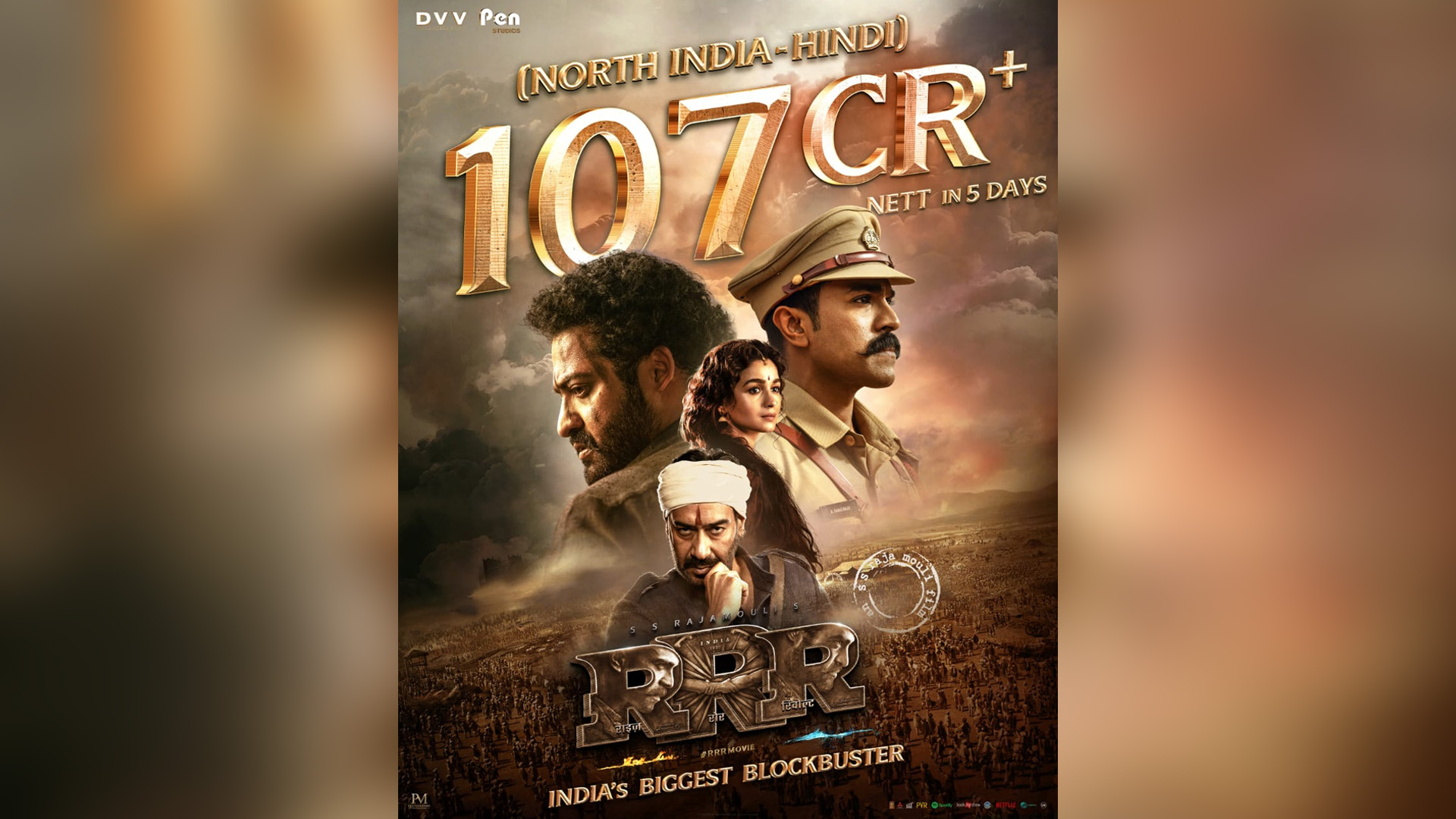 RRR (Hindi) becomes the fastest film to cross 100cr mark post pandemic, at 107 cr already!