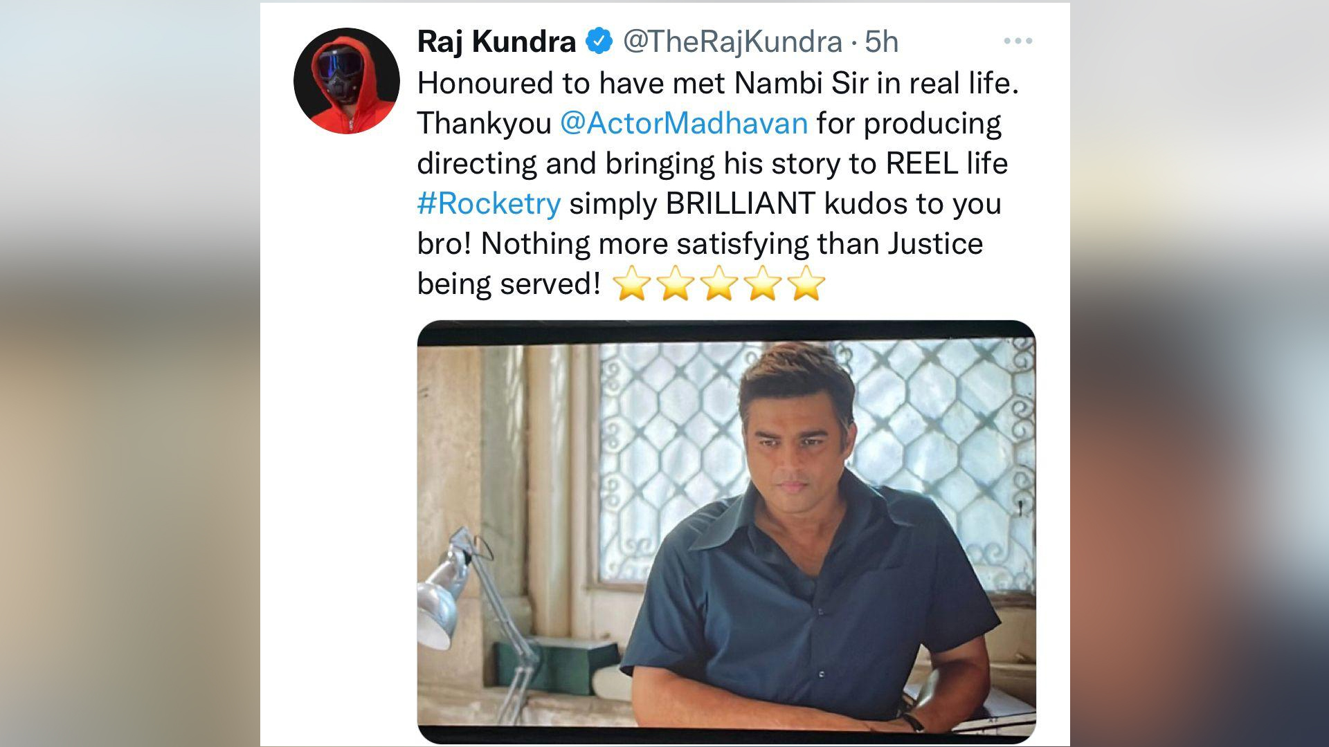 “Nothing more satisfying than justice being served”, says Raj Kundra praising R Madhavan for his latest release Rocketry:The Nambi Effect