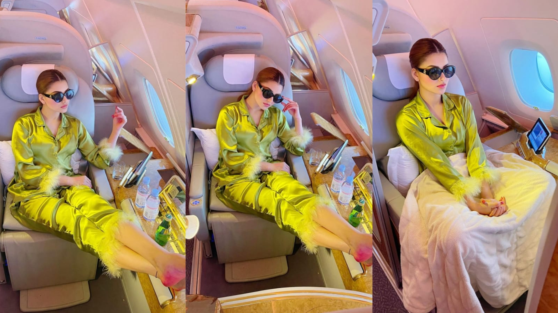 Urvashi Rautela takes luxury to her first class while grooving to Jack Harlow’s music in satin green loungewear.