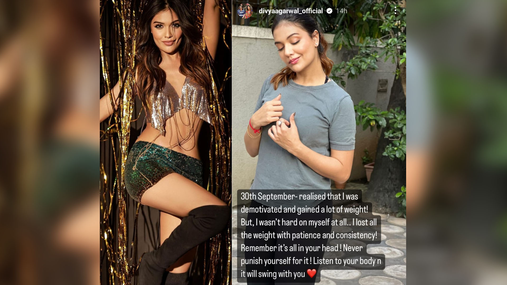 “I lost all the weight with patience and consistency”, says Divya Agarwal as she urges her fans not to punish themselves for it.