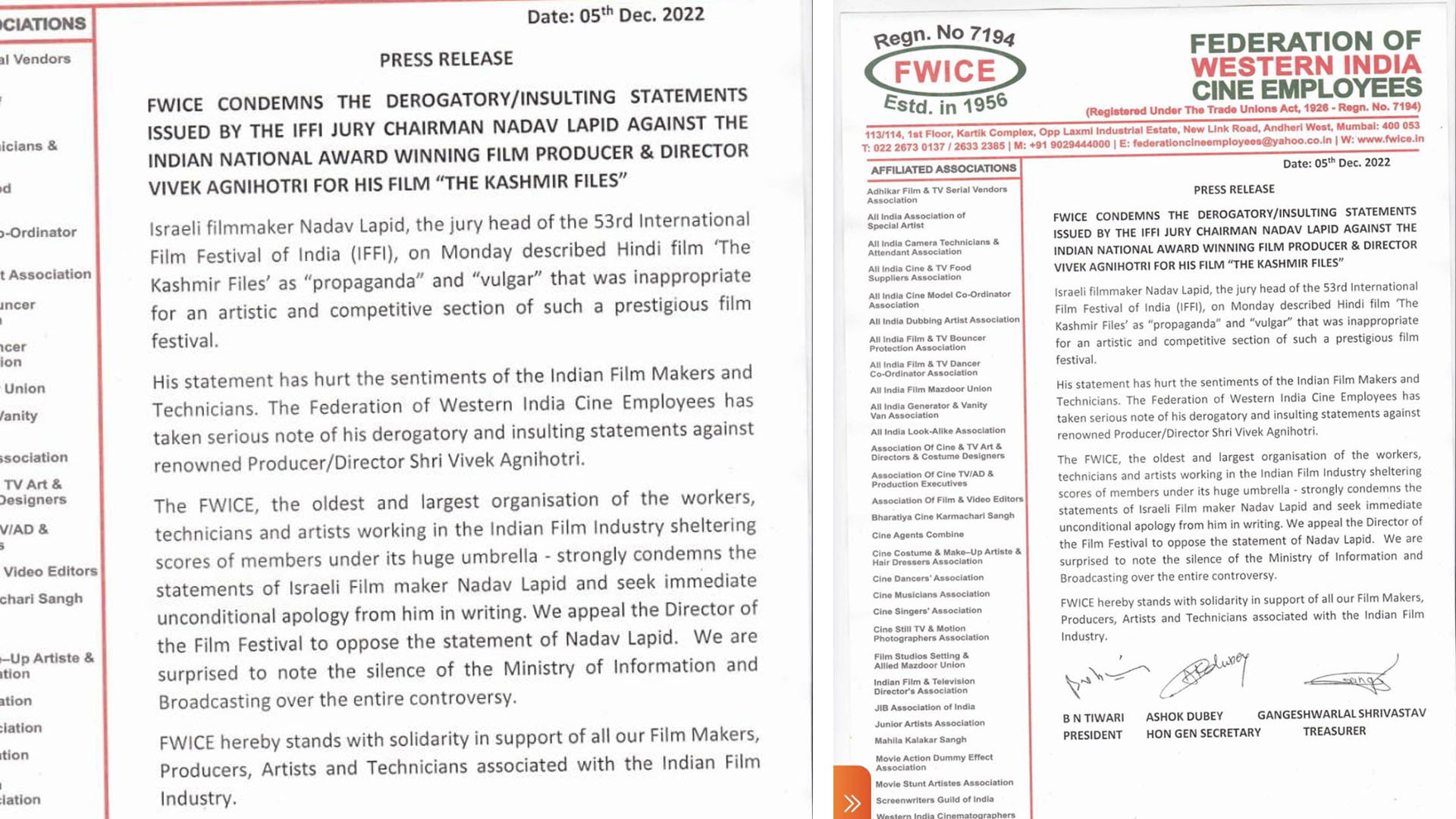 FWICE CONDEMNS THE DEROGATORY/INSULTING STATEMENTS ISSUED BY THE IFFI JURY CHAIRMAN NADA LAPID AGAINST THE INDIAN NATIONAL AWARD WINNING FILM PRODUCER & DIRECTOR VIVEK AGNIHOTRI FOR HIS FILM “THE KASHMIR FILES”