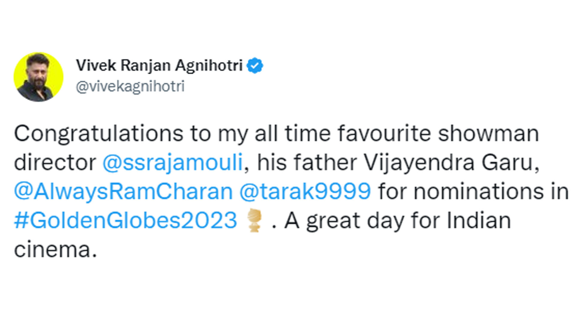 Vivek Agnihotri congratulates SS Rajamouli, Vijayendra Garu, Ram Charan, and Jr NTR on being nominated for Golden Globe 2023