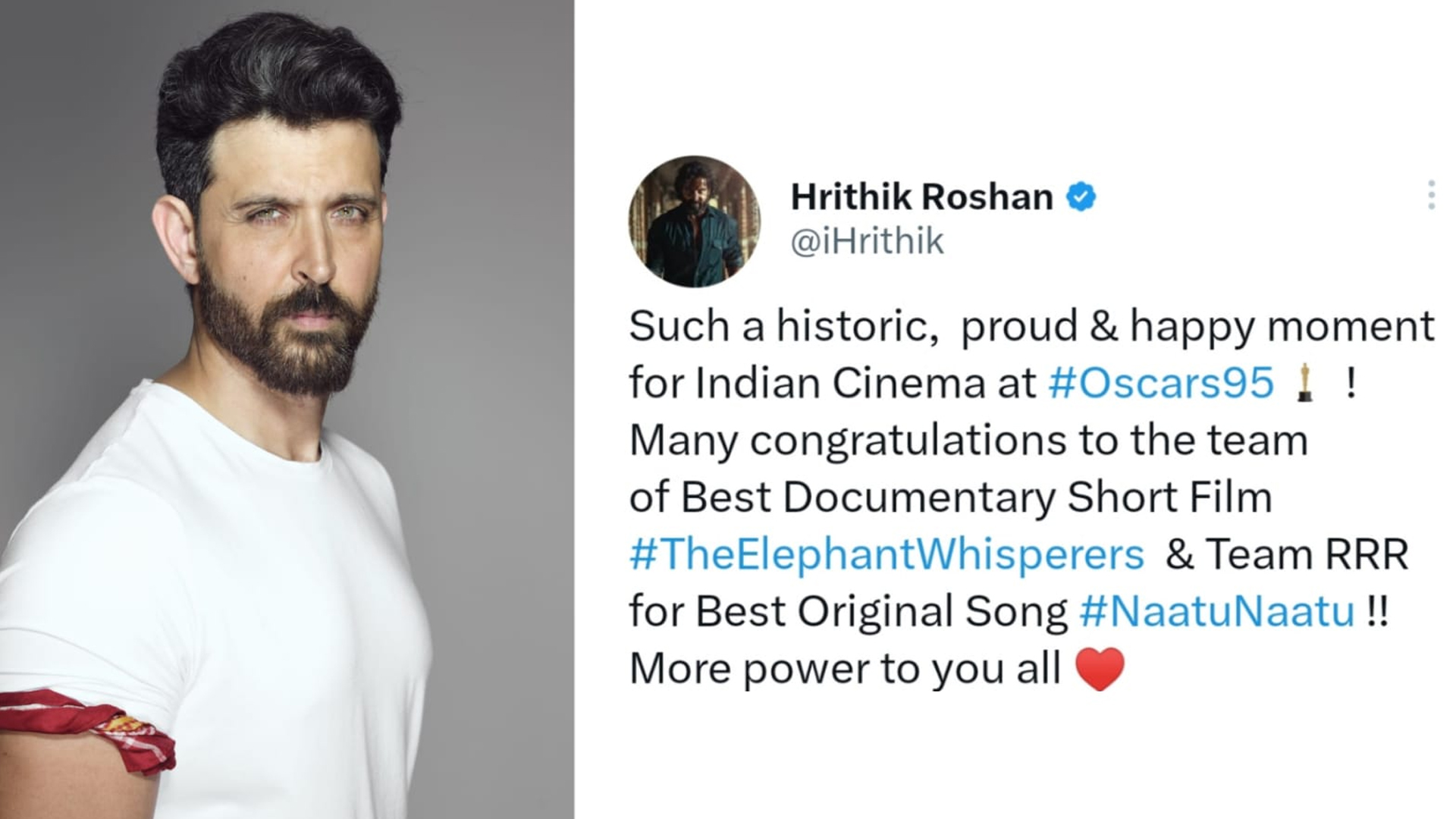 Such a historic, proud & happy moment for Indian Cinema: Hrithik Roshan celebrates India’s win at Oscars95