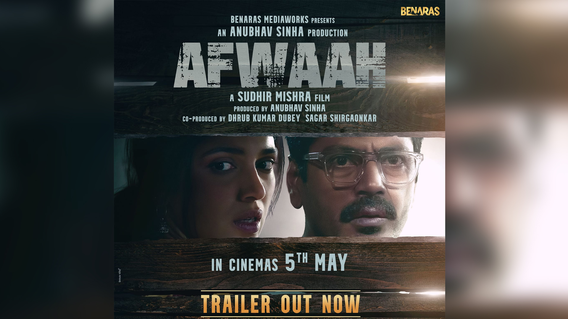 ‘Afwaah’ directed by Sudhir Mishra and produced by Anubhav Sinha is set to release on 5th of May 2023. The quirky thriller stars Nawazuddin Siddique and Bhumi Pednekar, watch the trailer now!