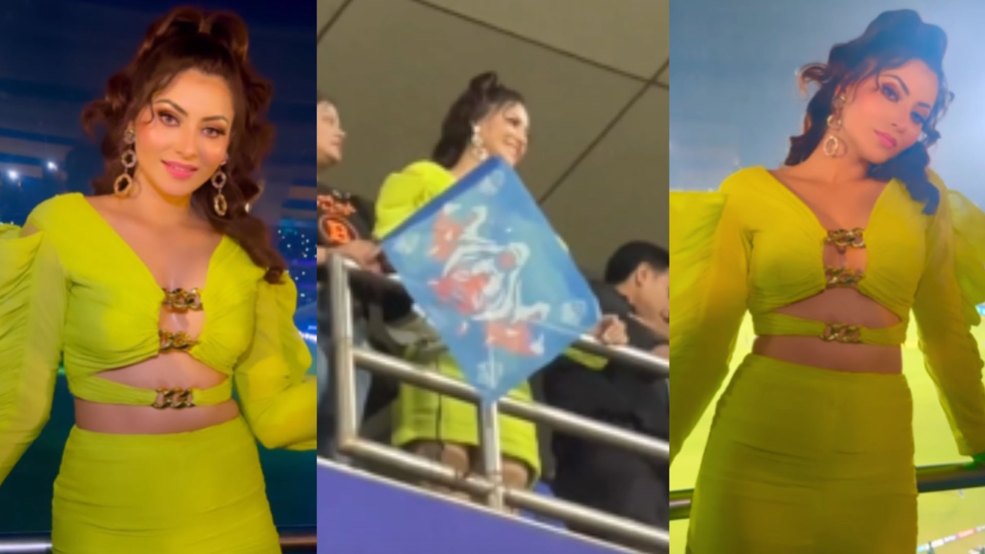 Urvashi Rautela attends DC vs MI match in a bold neon green dress with a plunging neckline and ignores Rishabh Pants chants with grace- check videos now