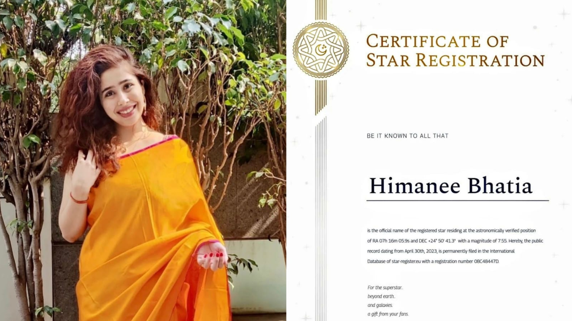 Himanee Bhatia becomes the second actress after Madhuri Dixit to have a star named after her in space.